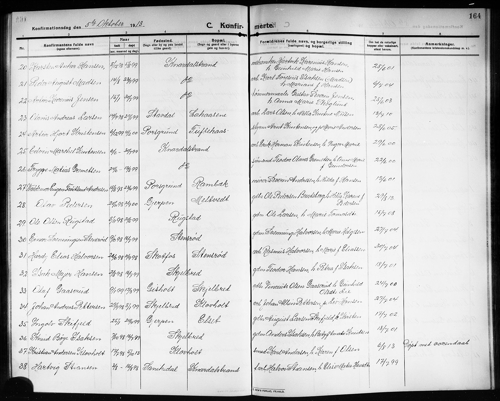 Solum kirkebøker, AV/SAKO-A-306/G/Ga/L0009: Parish register (copy) no. I 9, 1909-1922, p. 164