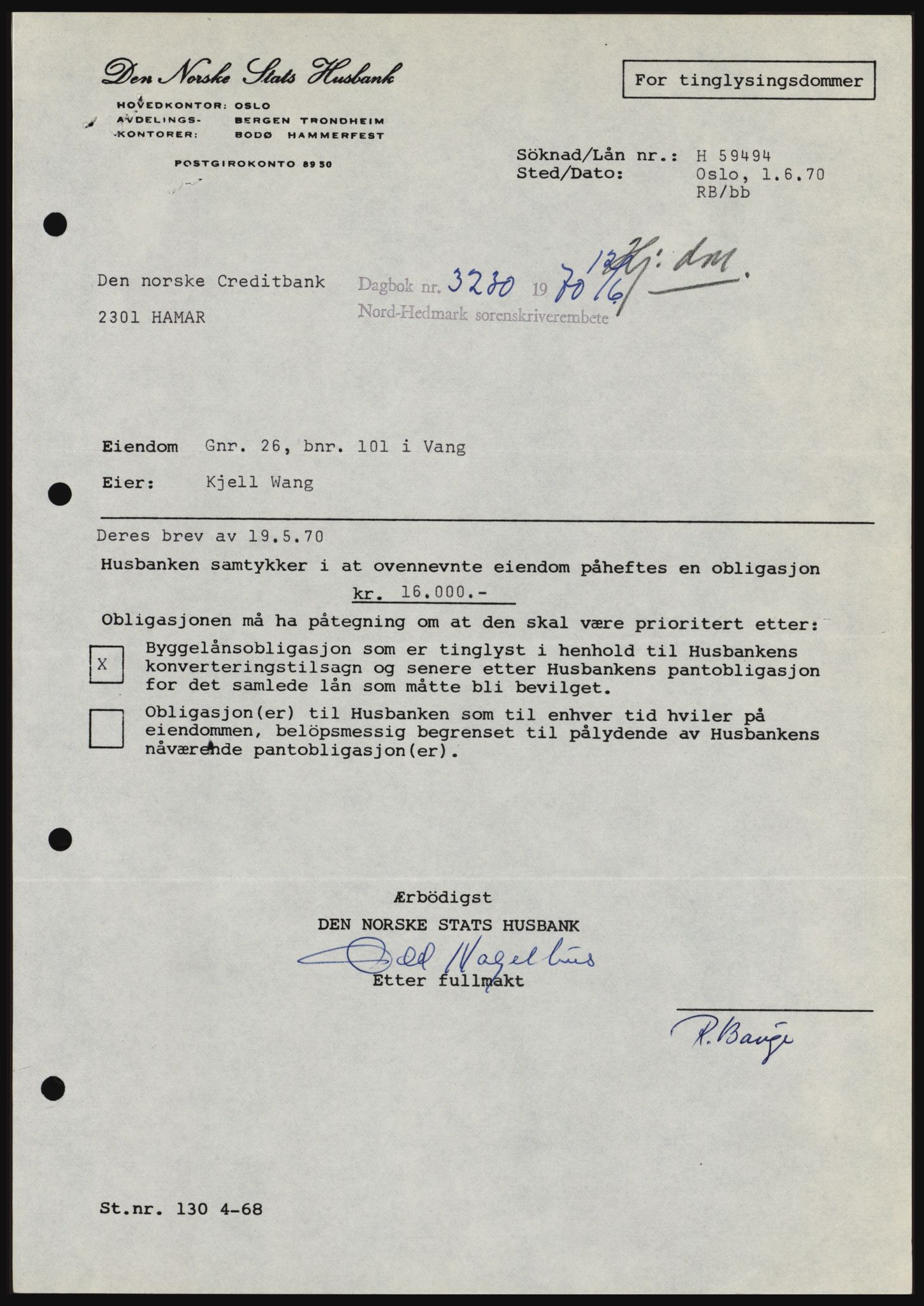 Nord-Hedmark sorenskriveri, SAH/TING-012/H/Hc/L0033: Mortgage book no. 33, 1970-1970, Diary no: : 3230/1970