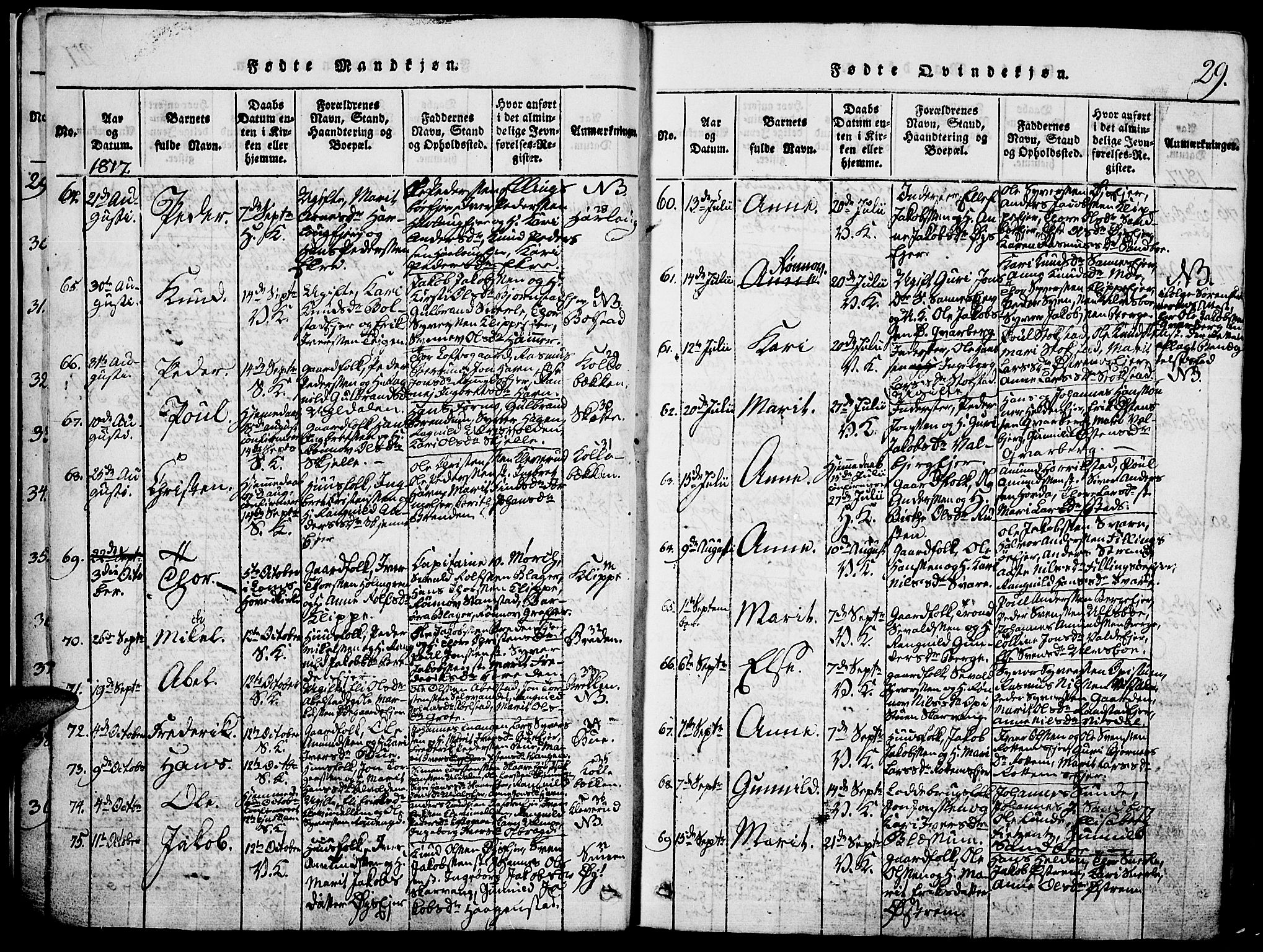 Vågå prestekontor, SAH/PREST-076/H/Ha/Hab/L0001: Parish register (copy) no. 1, 1815-1827, p. 28-29