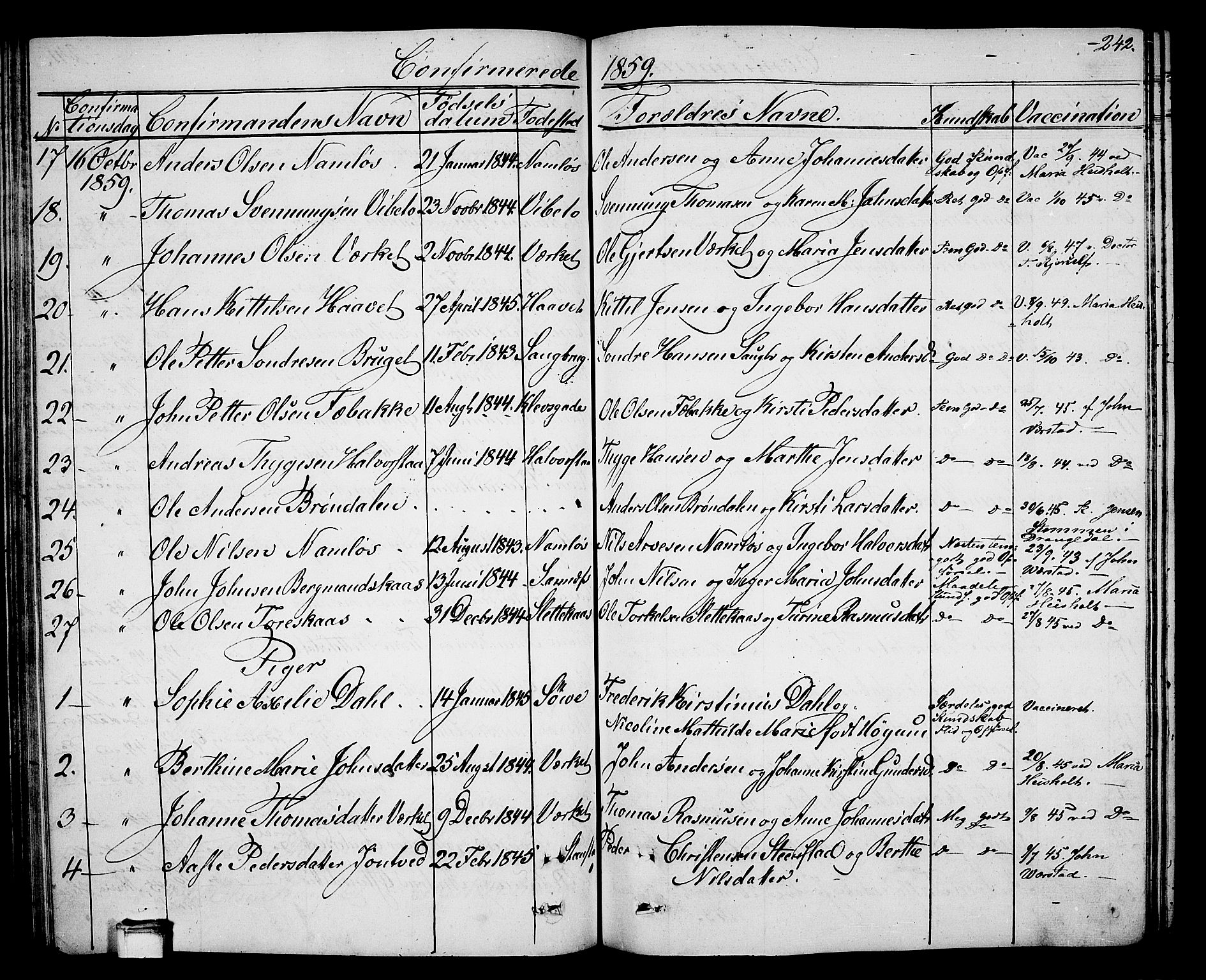 Holla kirkebøker, AV/SAKO-A-272/G/Ga/L0003: Parish register (copy) no. I 3, 1849-1866, p. 242