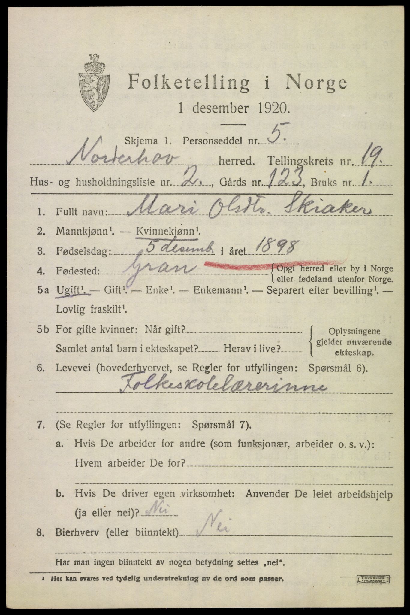 SAKO, 1920 census for Norderhov, 1920, p. 20324