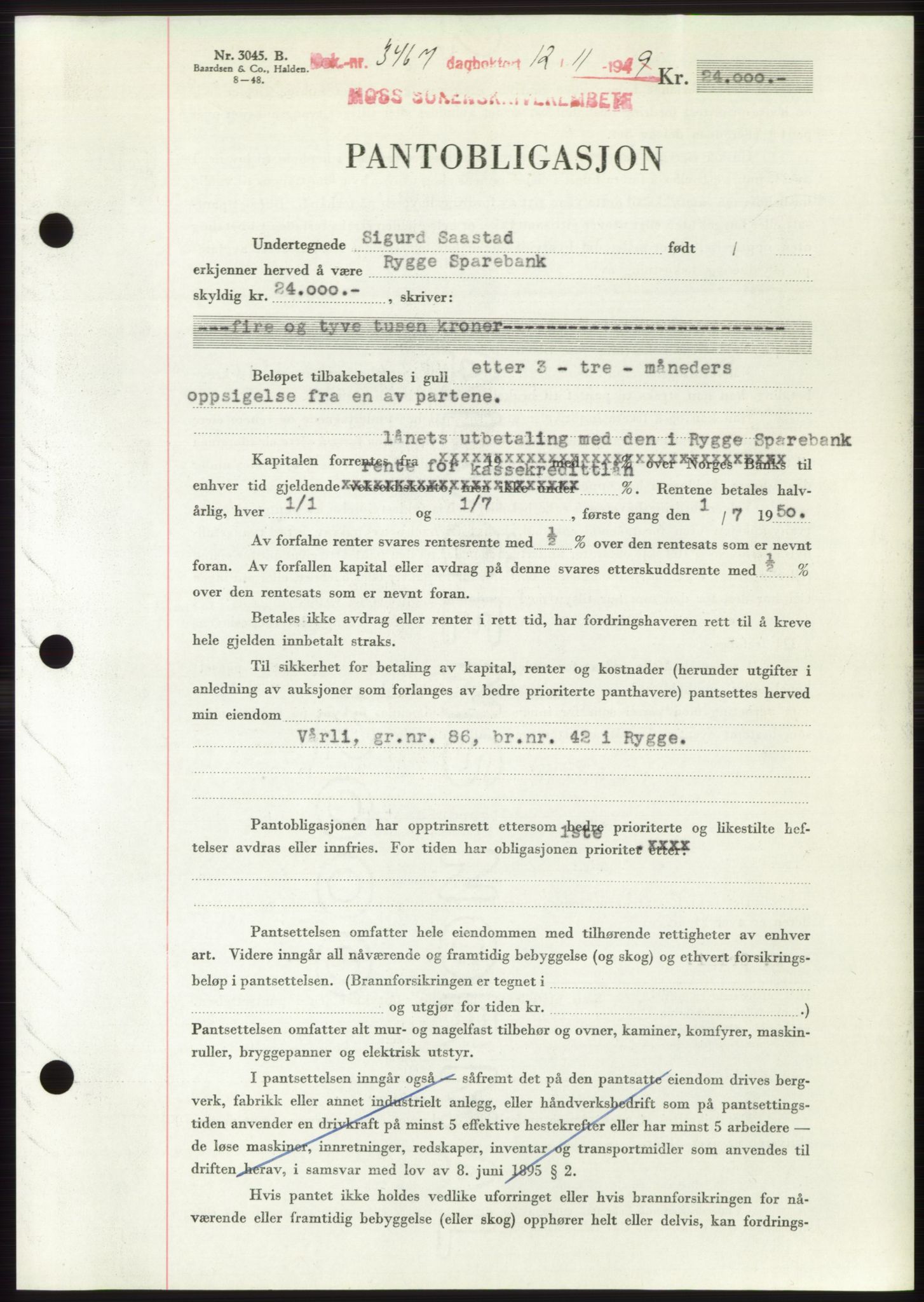 Moss sorenskriveri, SAO/A-10168: Mortgage book no. B23, 1949-1950, Diary no: : 3467/1949