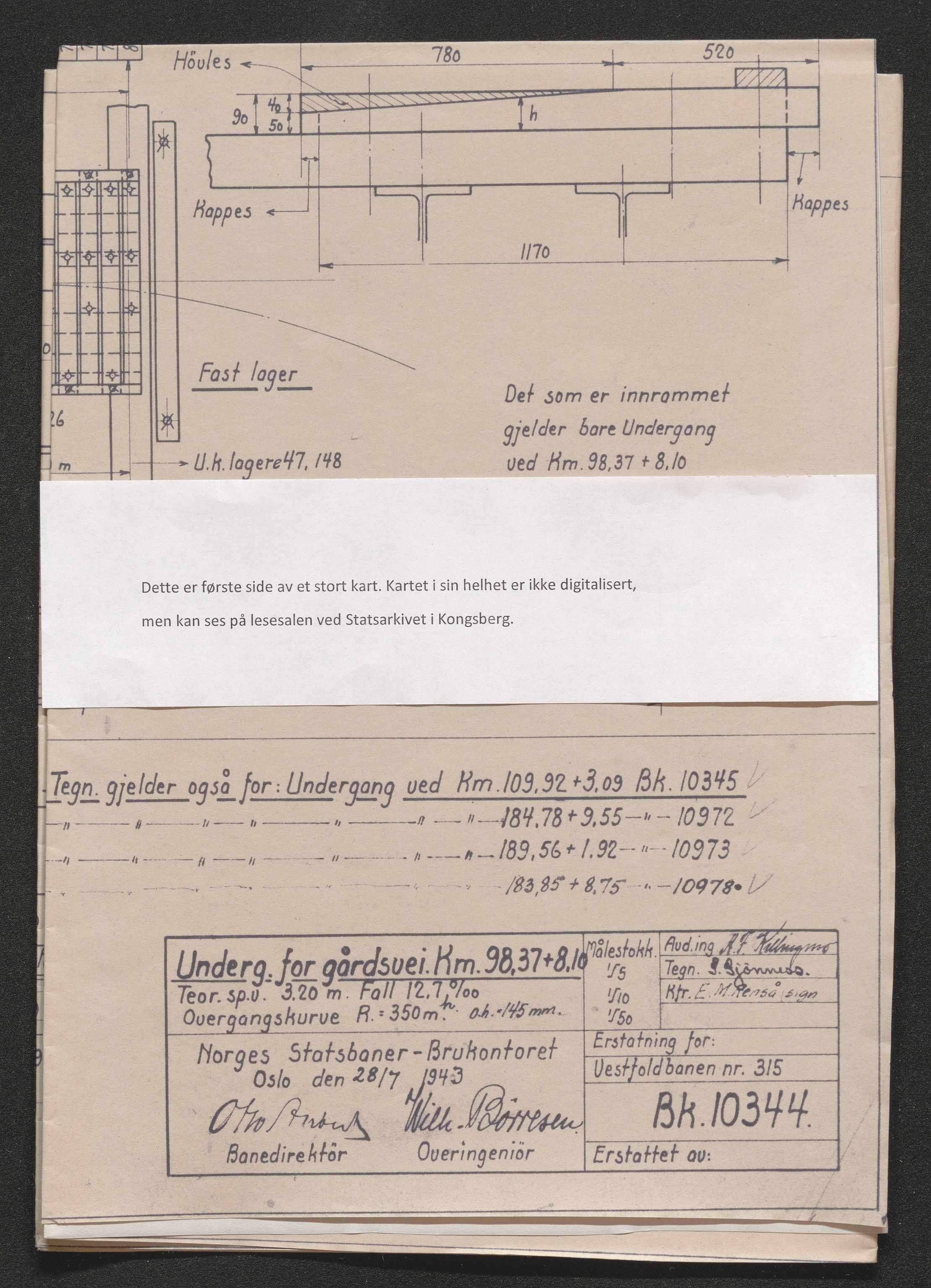 Norges Statsbaner Drammen distrikt (NSB), AV/SAKO-A-30/1.DELARKIV/E/Eb/L0039/0013: Vestfoldbanens ombygging / Undergang gårdsveg km. 183.189, 1941-1944, p. 11