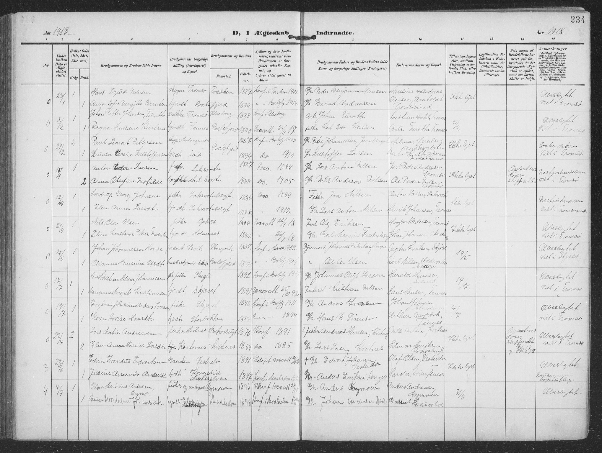 Balsfjord sokneprestembete, AV/SATØ-S-1303/G/Gab/L0009klokker: Parish register (copy) no. 9, 1906-1920, p. 234