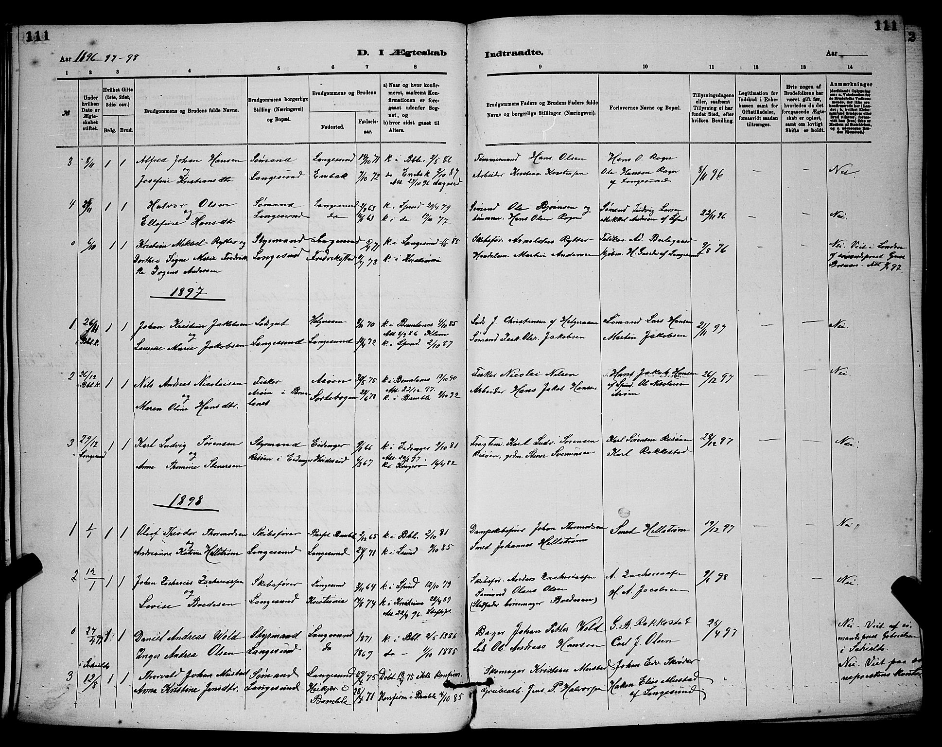 Langesund kirkebøker, SAKO/A-280/G/Ga/L0005: Parish register (copy) no. 5, 1884-1898, p. 111