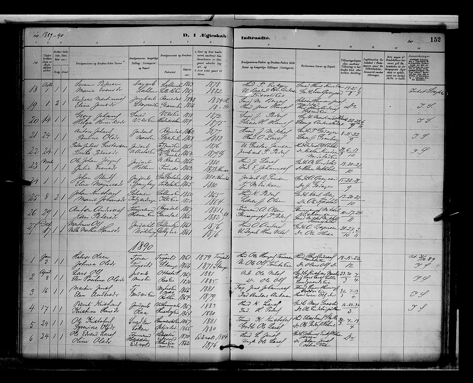 Stange prestekontor, AV/SAH-PREST-002/L/L0009: Parish register (copy) no. 9, 1883-1899, p. 152