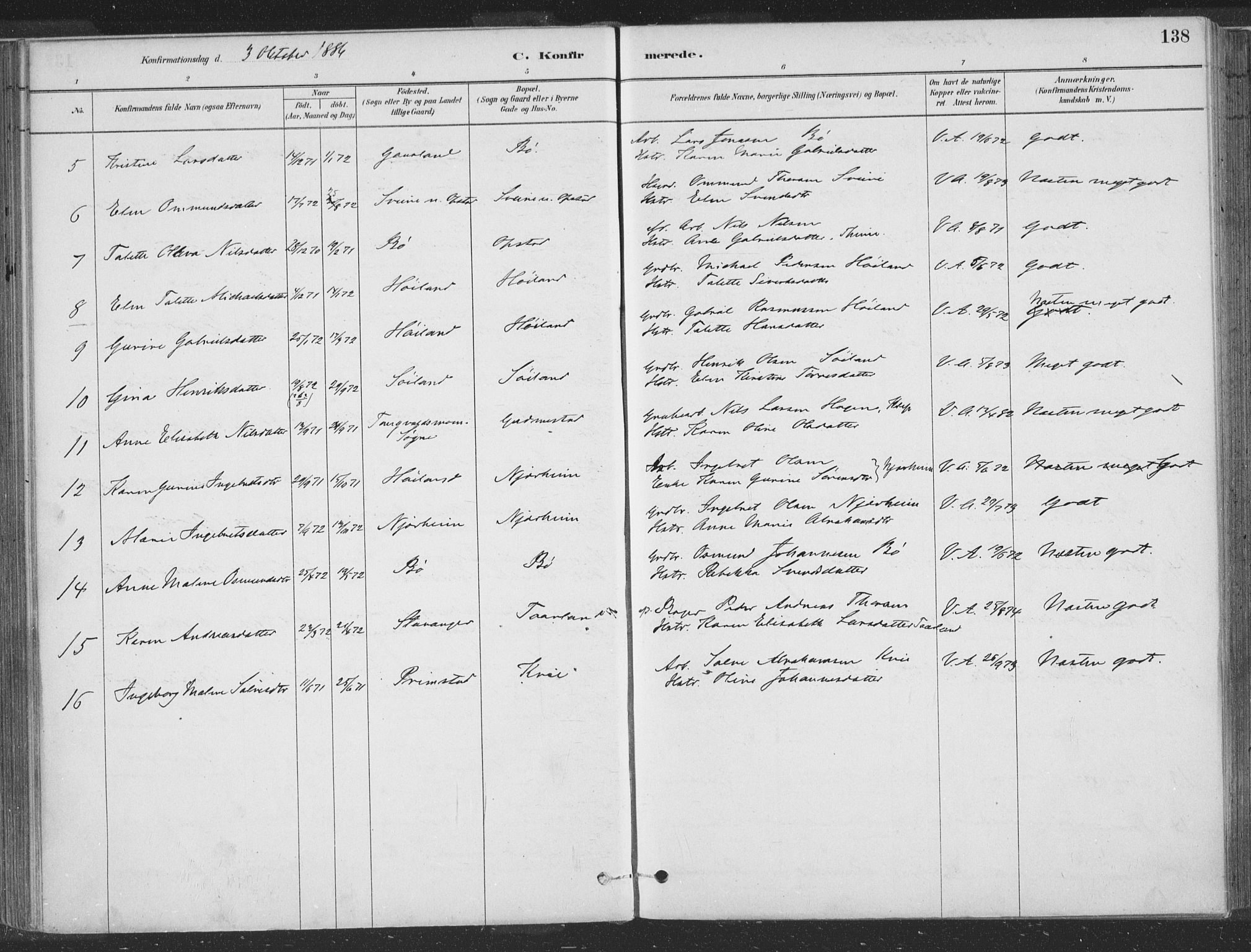 Hå sokneprestkontor, AV/SAST-A-101801/001/30BA/L0010: Parish register (official) no. A 9, 1879-1896, p. 138