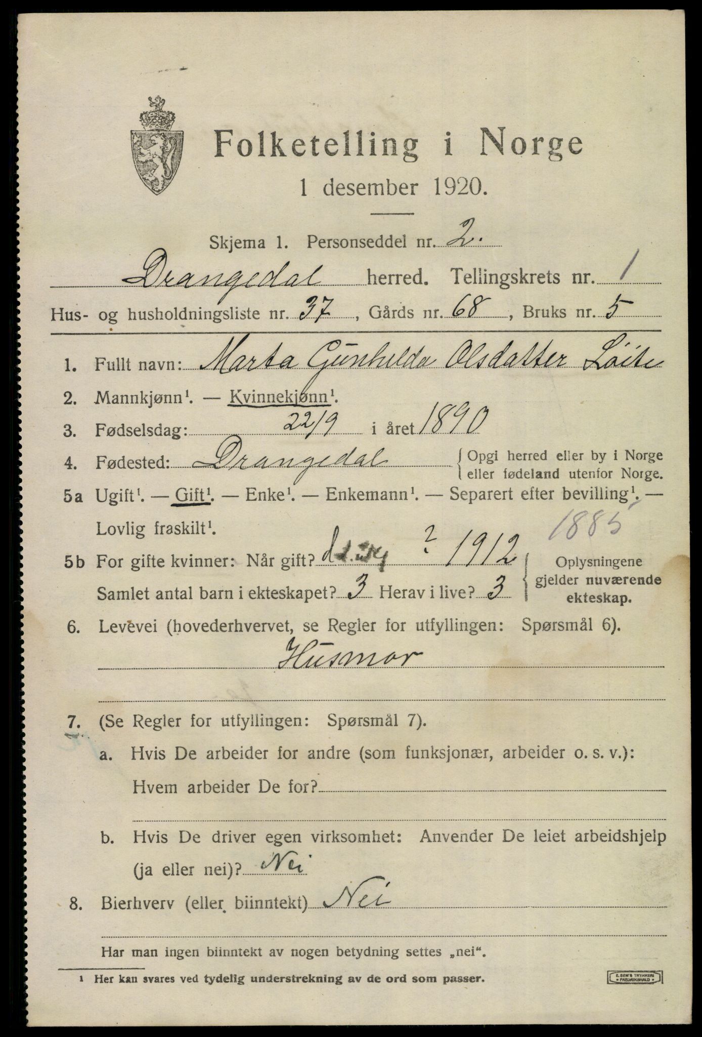 SAKO, 1920 census for Drangedal, 1920, p. 2061