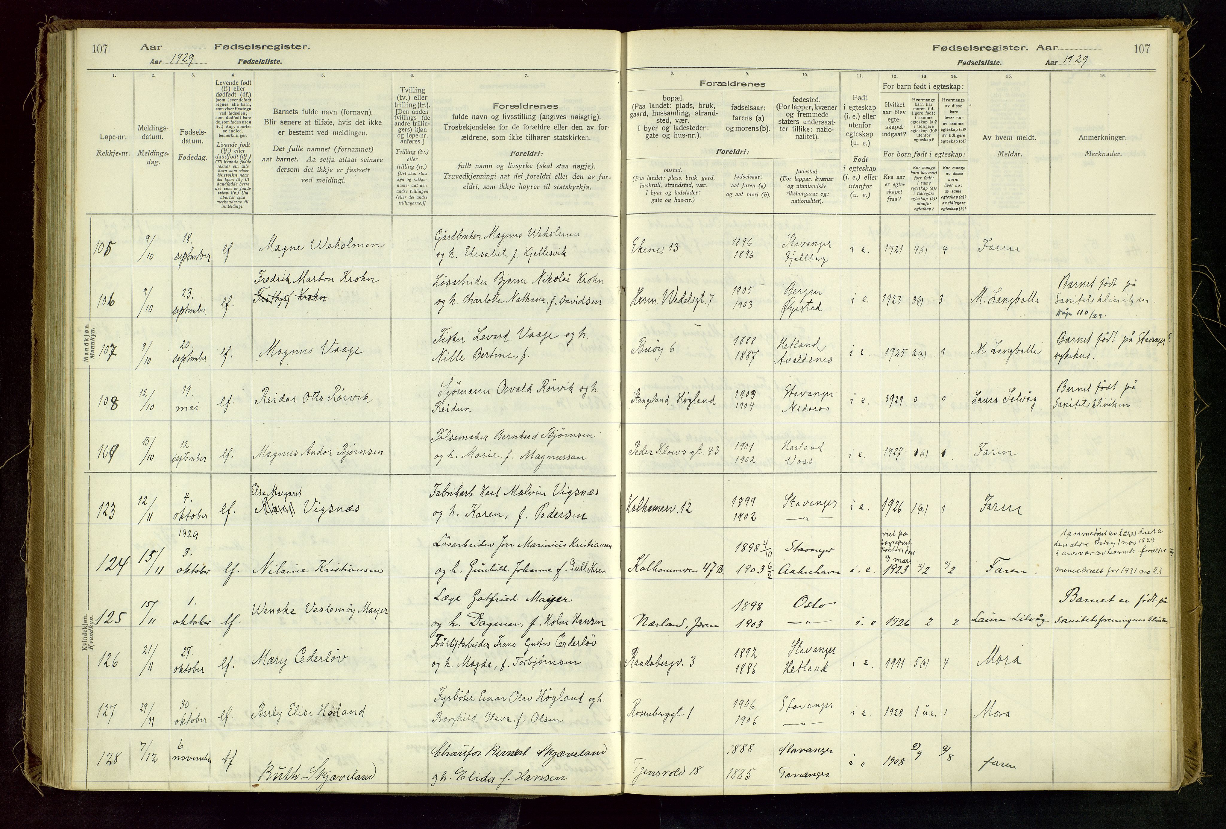 Domkirken sokneprestkontor, AV/SAST-A-101812/002/A/L0001: Birth register no. 1, 1925-1932, p. 107