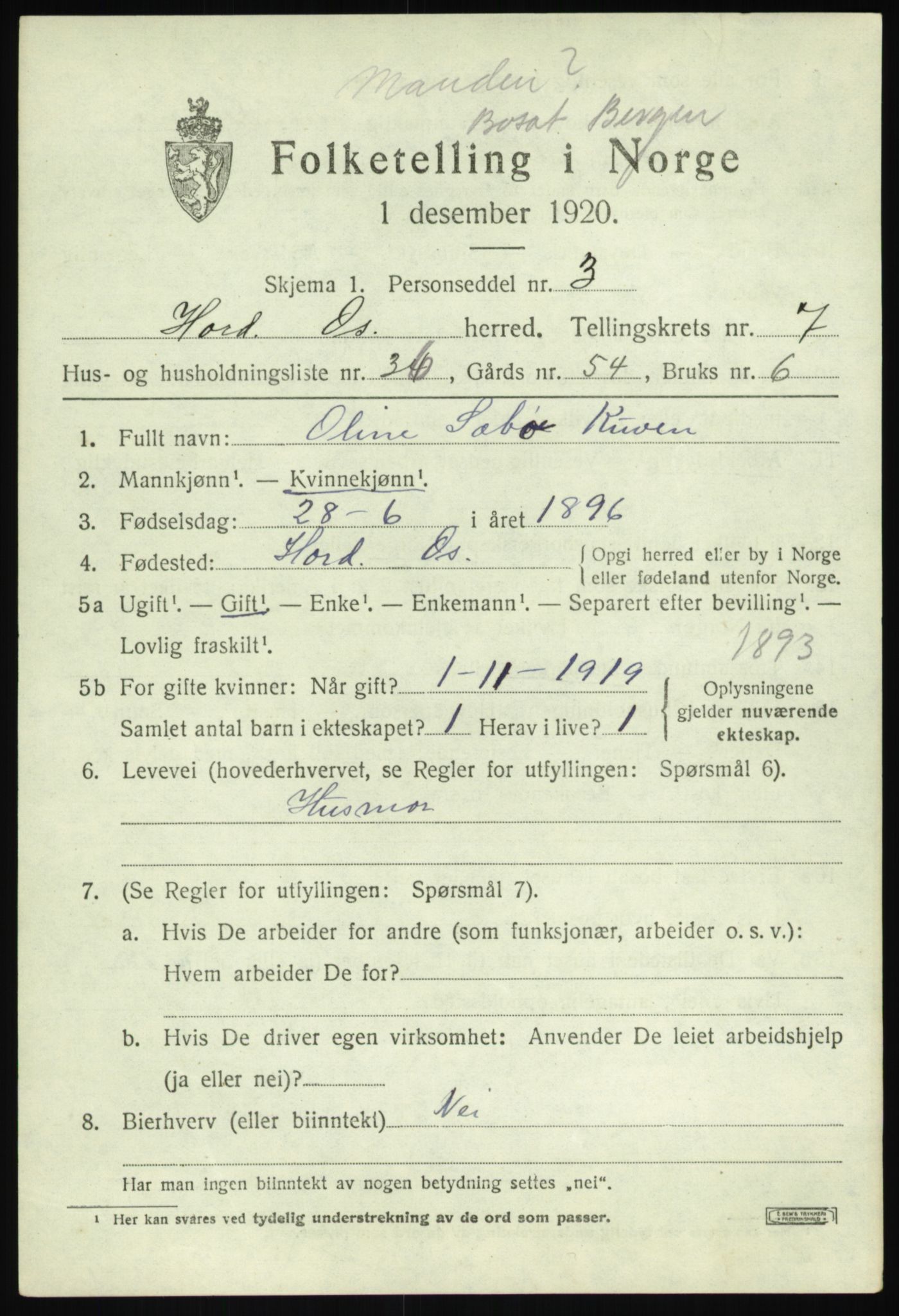 SAB, 1920 census for Os, 1920, p. 6206