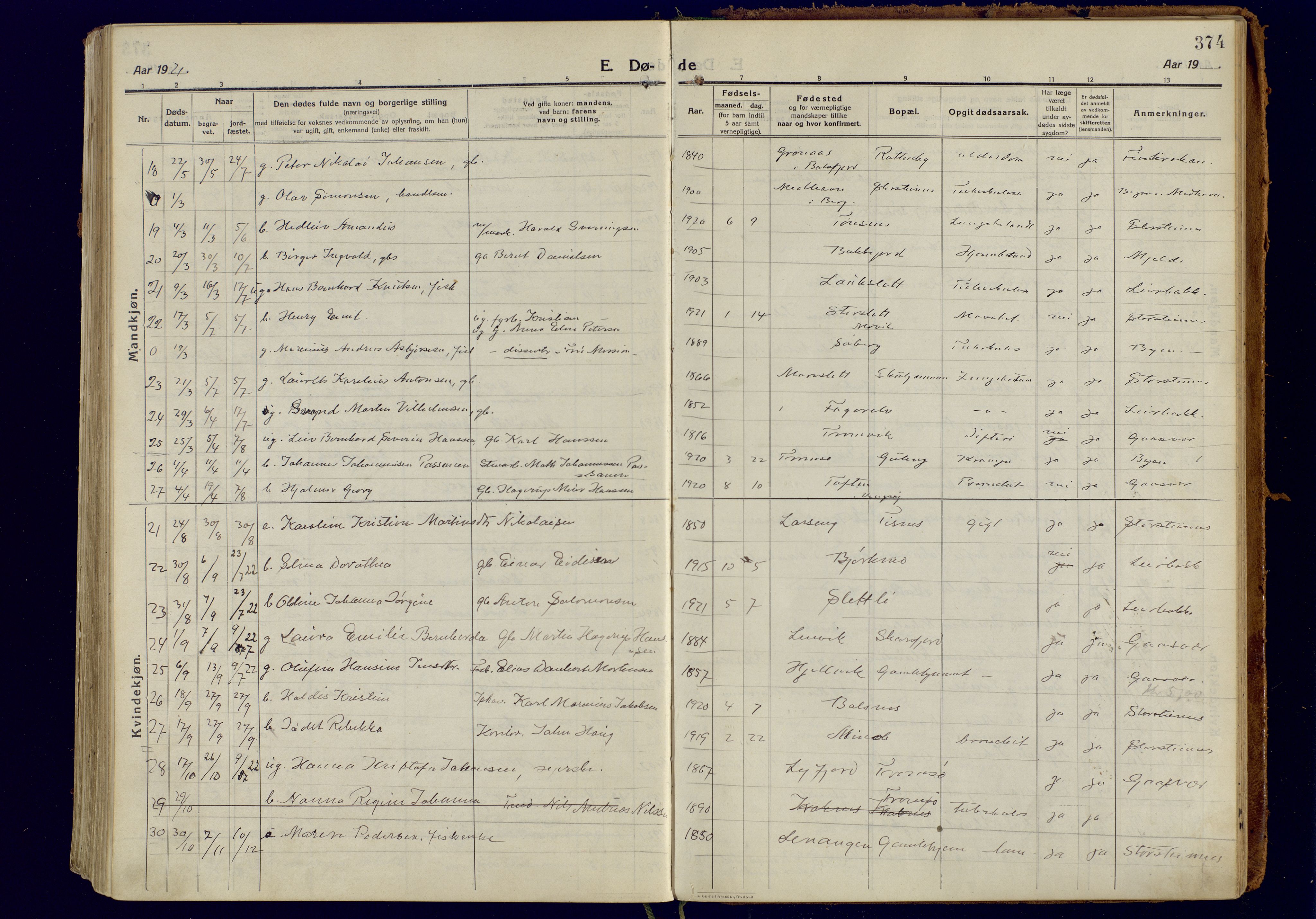 Tromsøysund sokneprestkontor, AV/SATØ-S-1304/G/Ga/L0008kirke: Parish register (official) no. 8, 1914-1922, p. 374