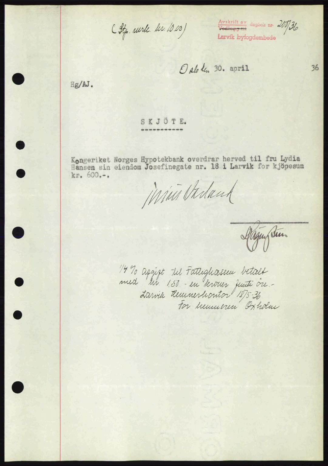 Larvik sorenskriveri, SAKO/A-83/G/Ga/Gab/L0067: Mortgage book no. A-1, 1936-1937, Diary no: : 200/1936