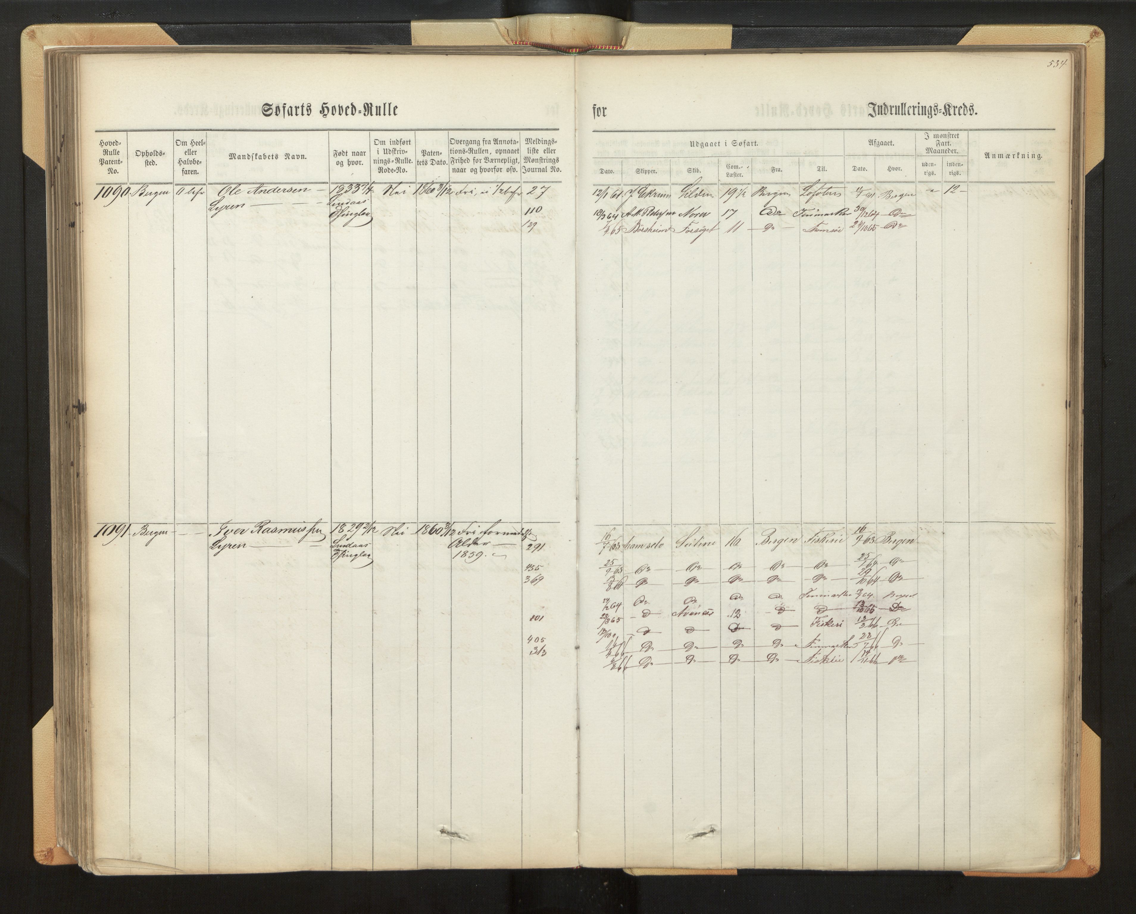 Innrulleringssjefen i Bergen, AV/SAB-A-100050/F/Fh/L0008: Sjøfarts-hovedrulle for Bergen krets, fol. 316 - 636, 1860-1865, p. 534