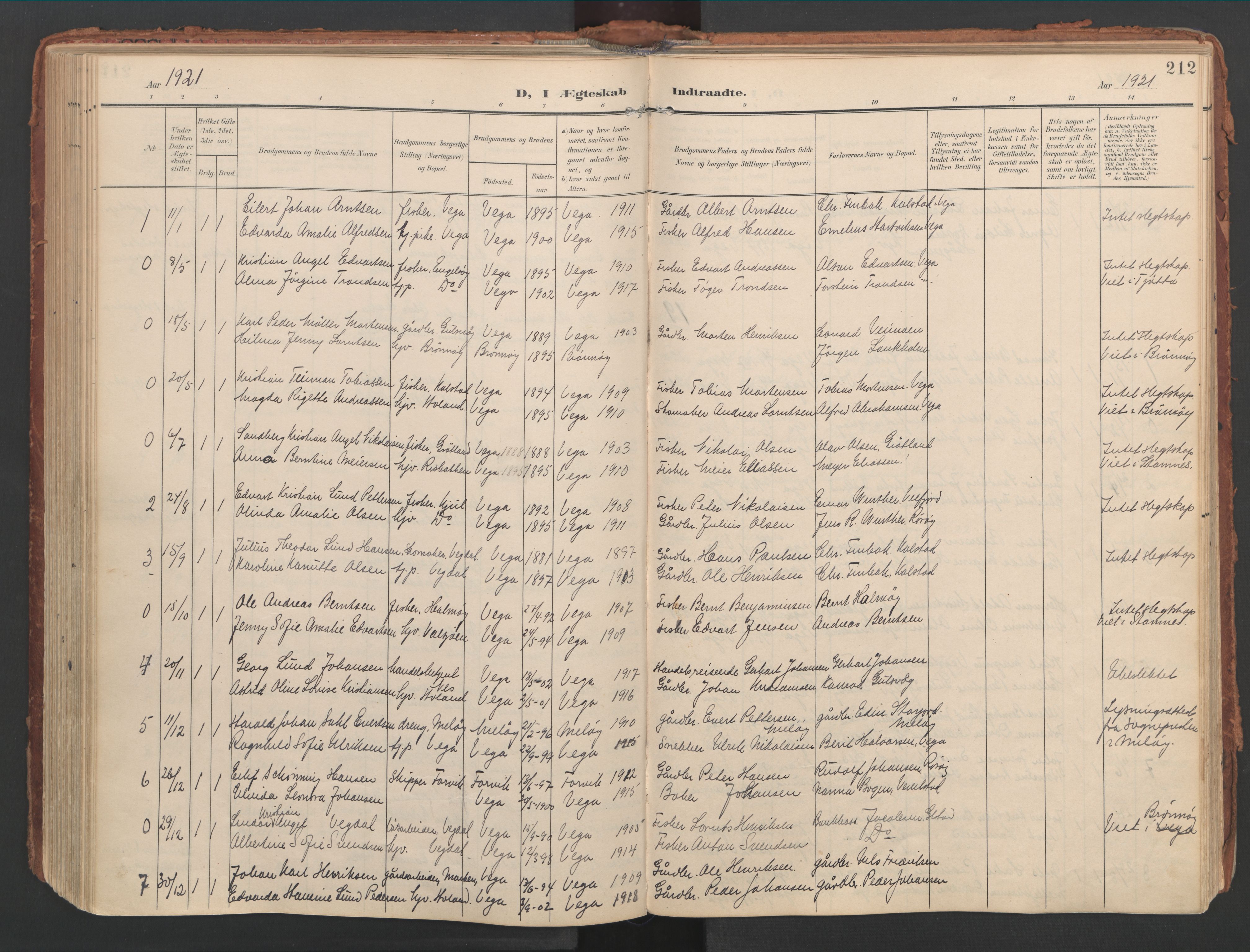 Ministerialprotokoller, klokkerbøker og fødselsregistre - Nordland, AV/SAT-A-1459/816/L0250: Parish register (official) no. 816A16, 1903-1923, p. 212