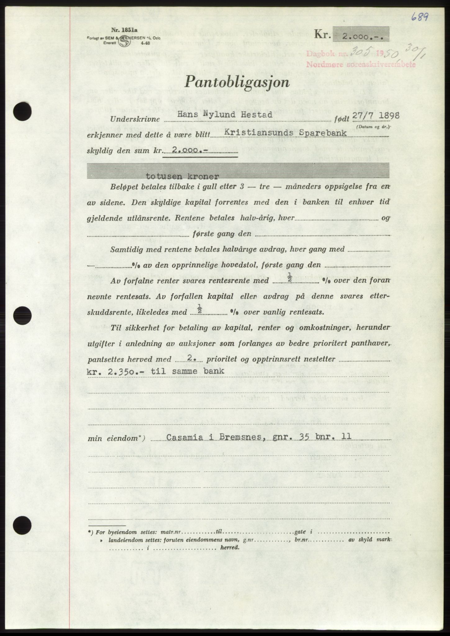 Nordmøre sorenskriveri, AV/SAT-A-4132/1/2/2Ca: Mortgage book no. B103, 1949-1950, Diary no: : 305/1950