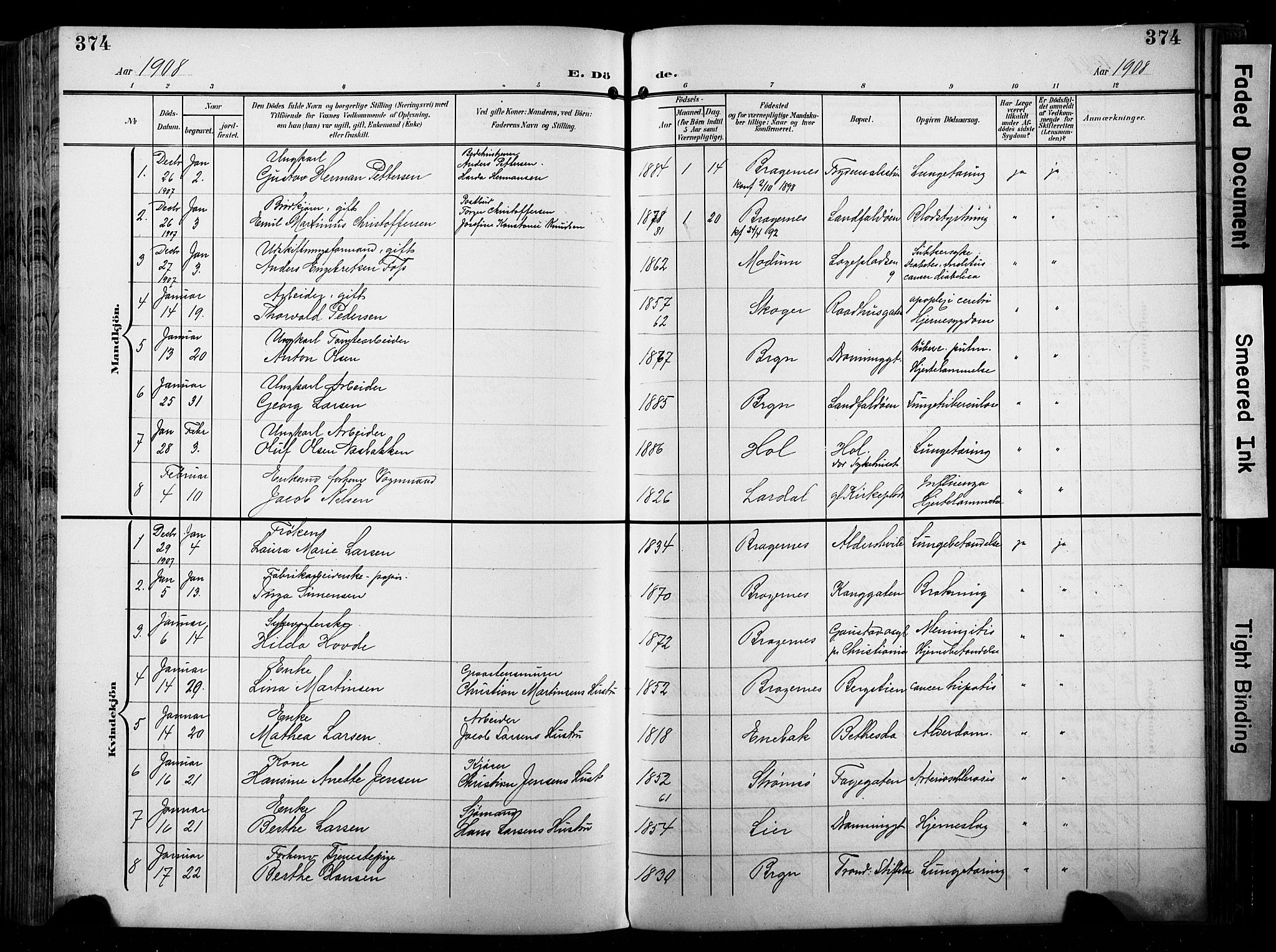 Bragernes kirkebøker, AV/SAKO-A-6/F/Fb/L0009: Parish register (official) no. II 9, 1902-1911, p. 374