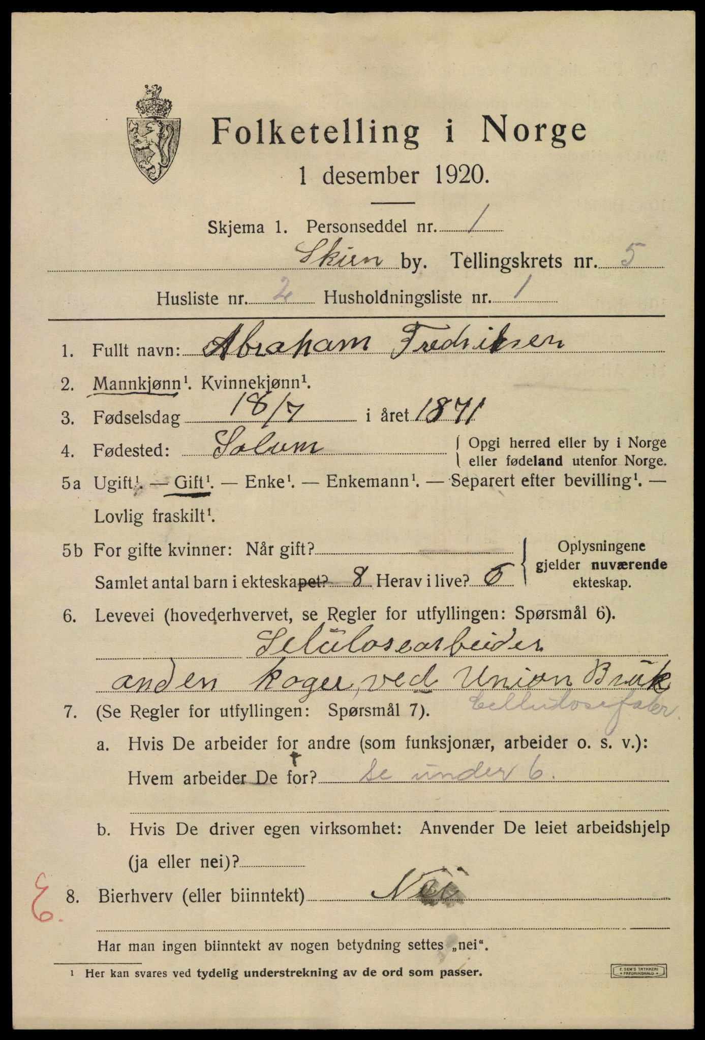 SAKO, 1920 census for Skien, 1920, p. 19500