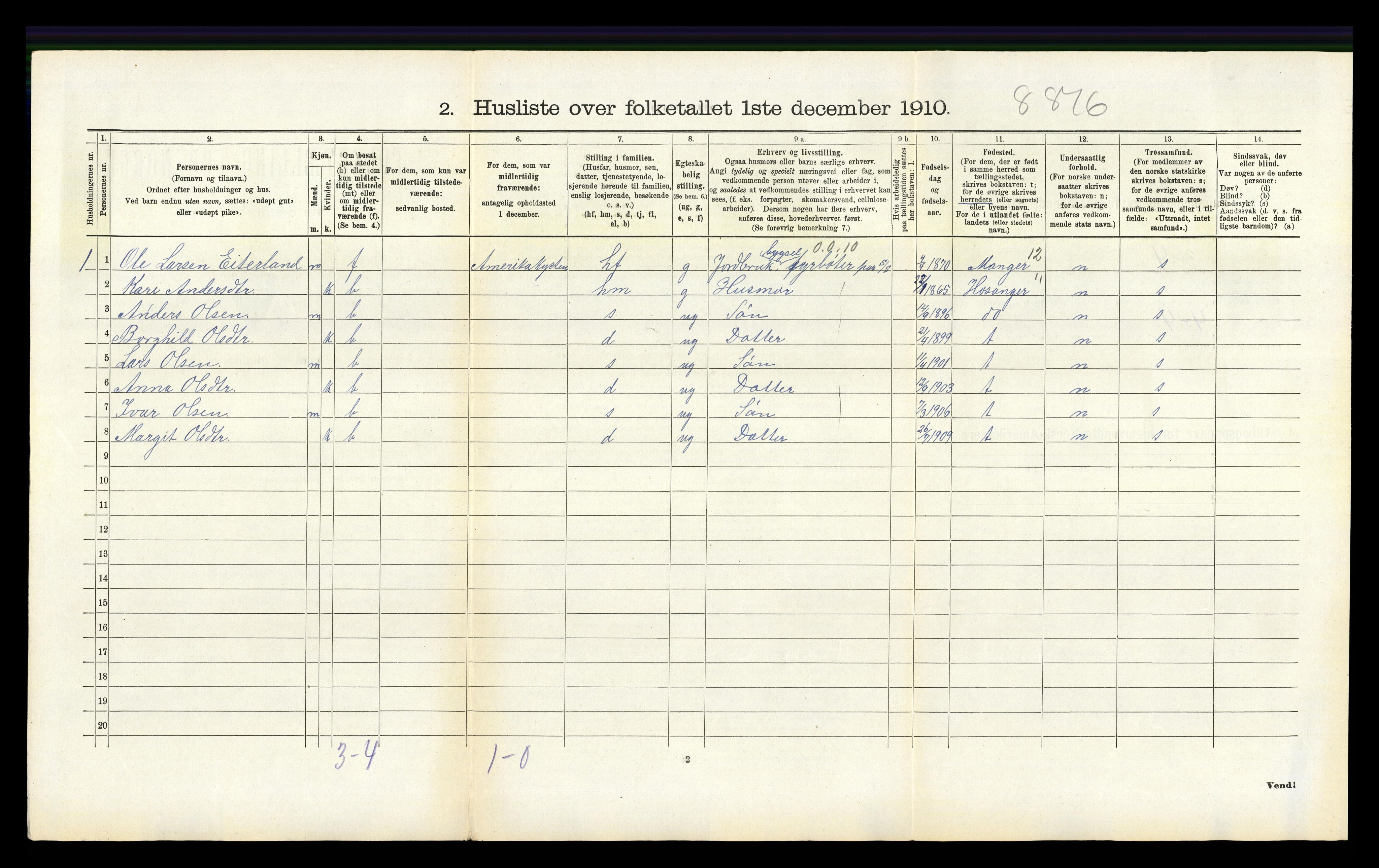 RA, 1910 census for Hamre, 1910, p. 197