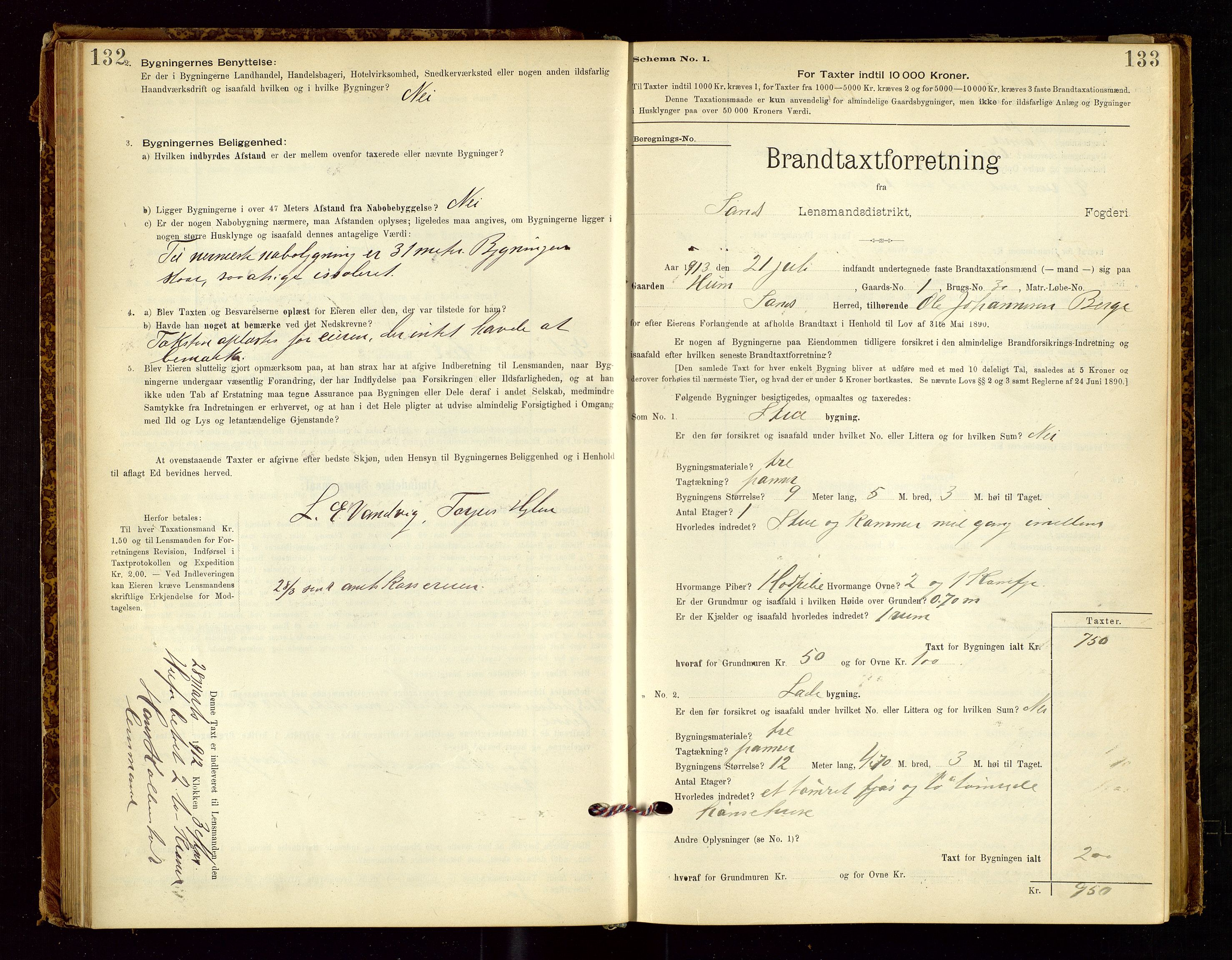 Sand lensmannskontor, AV/SAST-A-100415/Goc/L0001: "Brandtaxationsprotokol", 1895-1935, p. 132-133