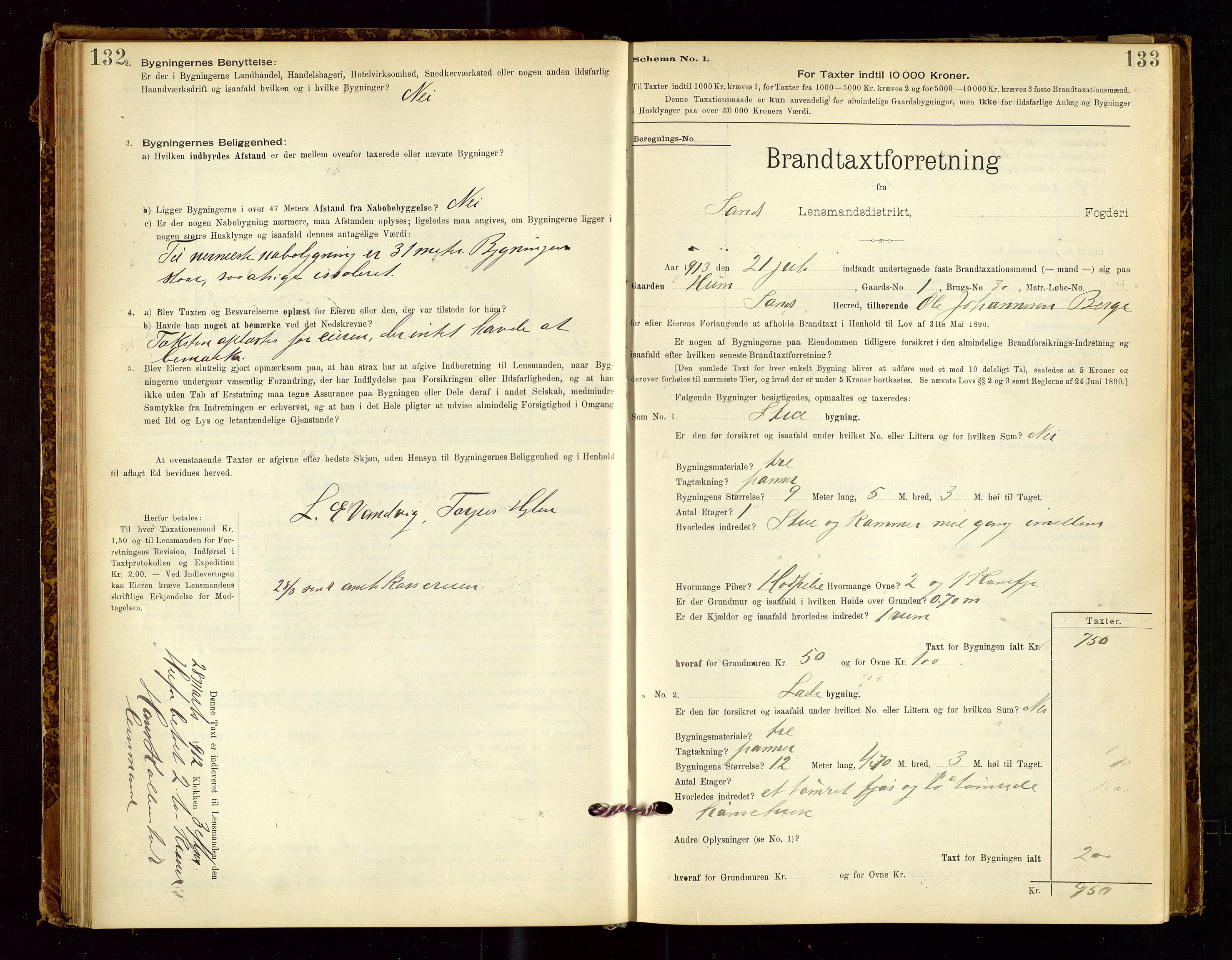 Sand lensmannskontor, SAST/A-100415/Goc/L0001: "Brandtaxationsprotokol", 1895-1935, p. 132-133