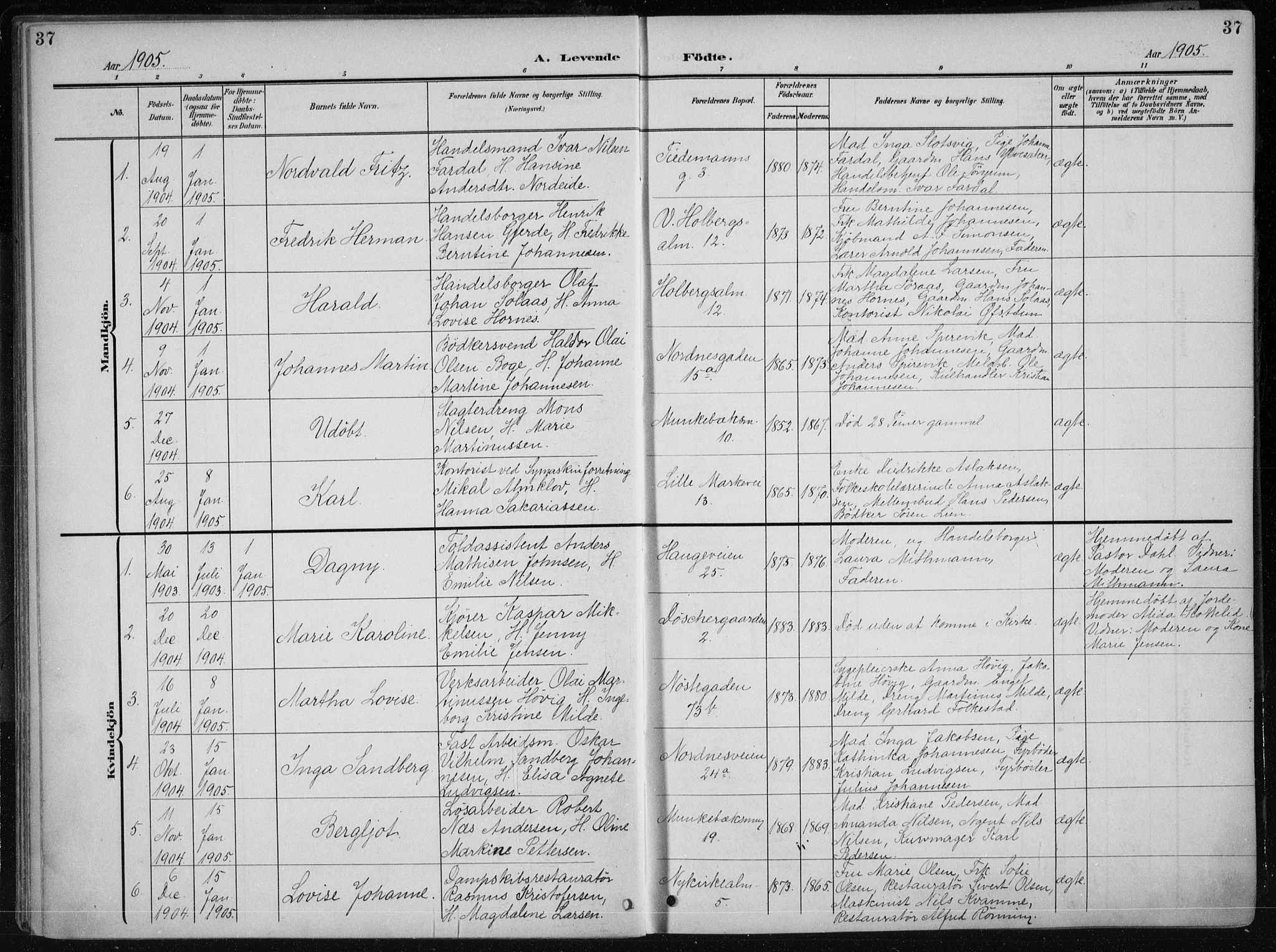 Nykirken Sokneprestembete, AV/SAB-A-77101/H/Haa/L0019: Parish register (official) no. B 7, 1904-1916, p. 37