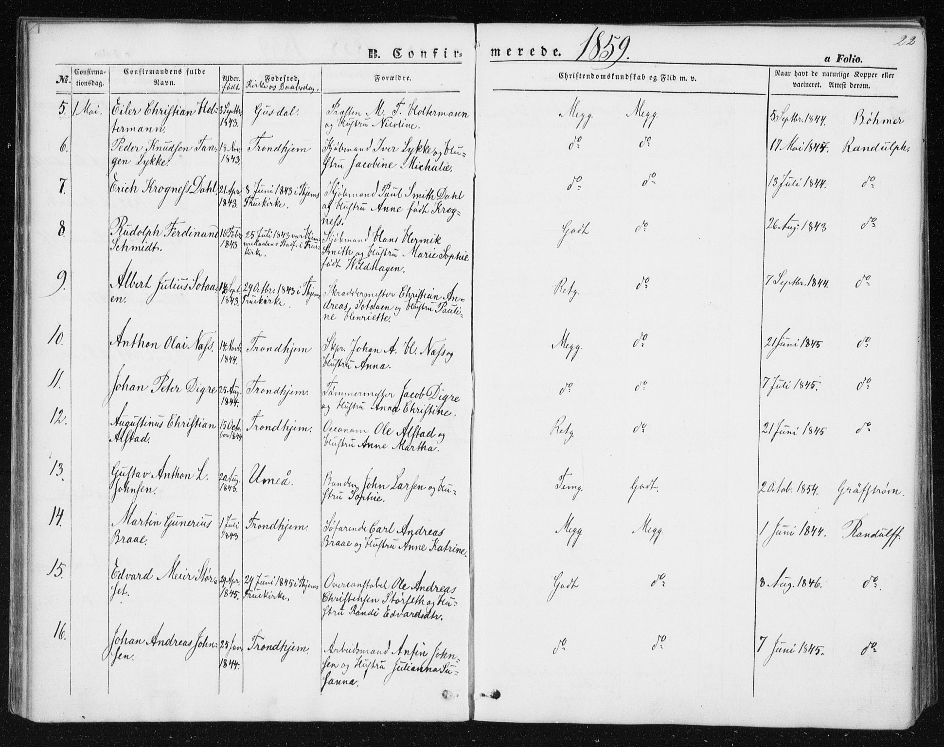 Ministerialprotokoller, klokkerbøker og fødselsregistre - Sør-Trøndelag, SAT/A-1456/602/L0114: Parish register (official) no. 602A12, 1856-1872, p. 22