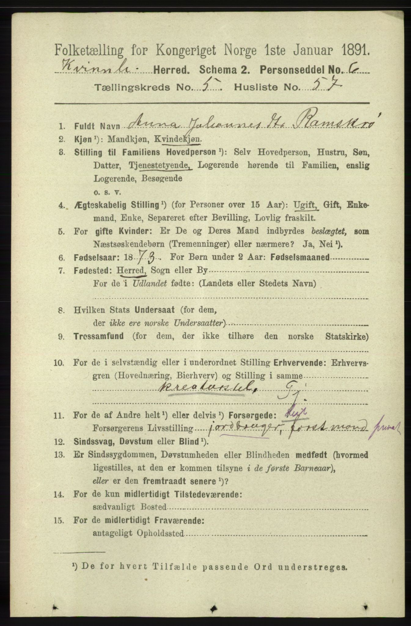 RA, 1891 census for 1224 Kvinnherad, 1891, p. 2072