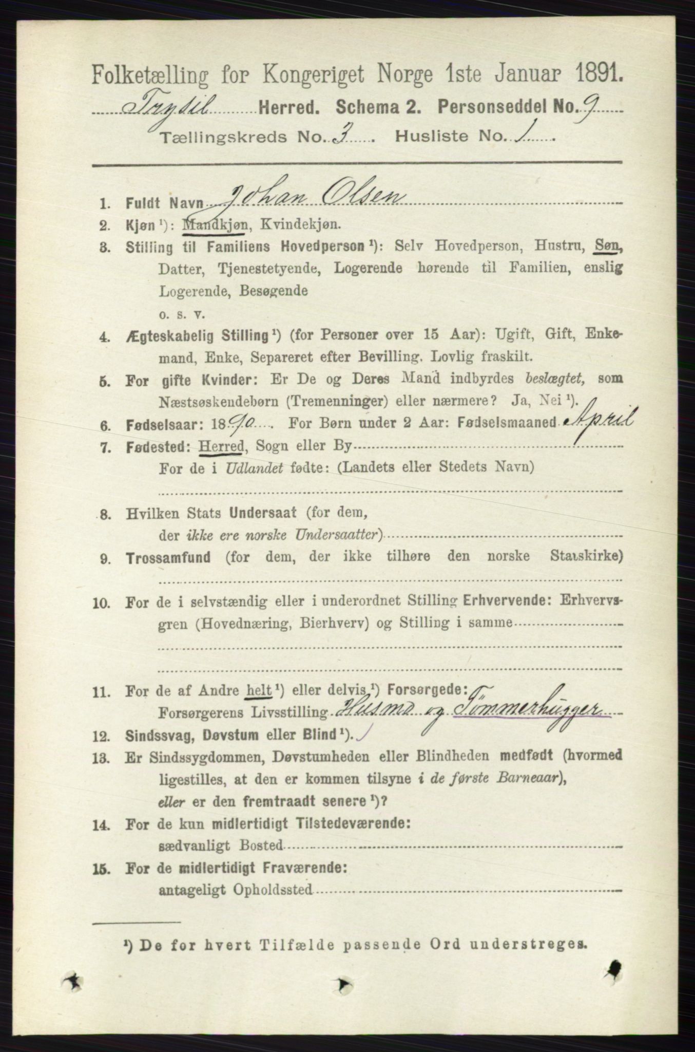 RA, 1891 census for 0428 Trysil, 1891, p. 1331