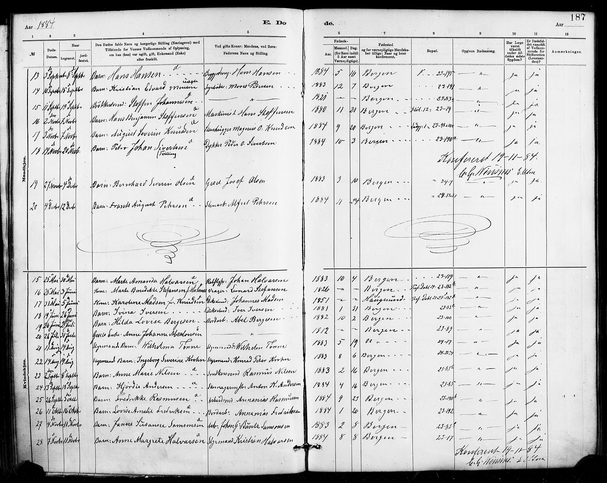 Mariakirken Sokneprestembete, AV/SAB-A-76901/H/Haa/L0007: Parish register (official) no. A 7, 1878-1893, p. 187