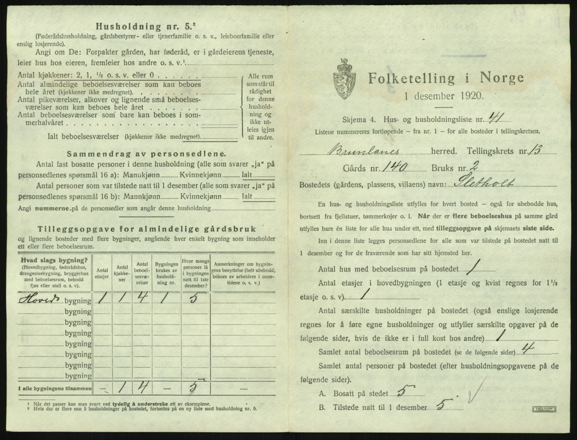 SAKO, 1920 census for Brunlanes, 1920, p. 1831
