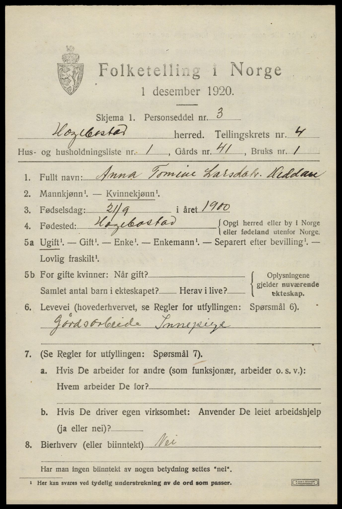 SAK, 1920 census for Hægebostad, 1920, p. 1559