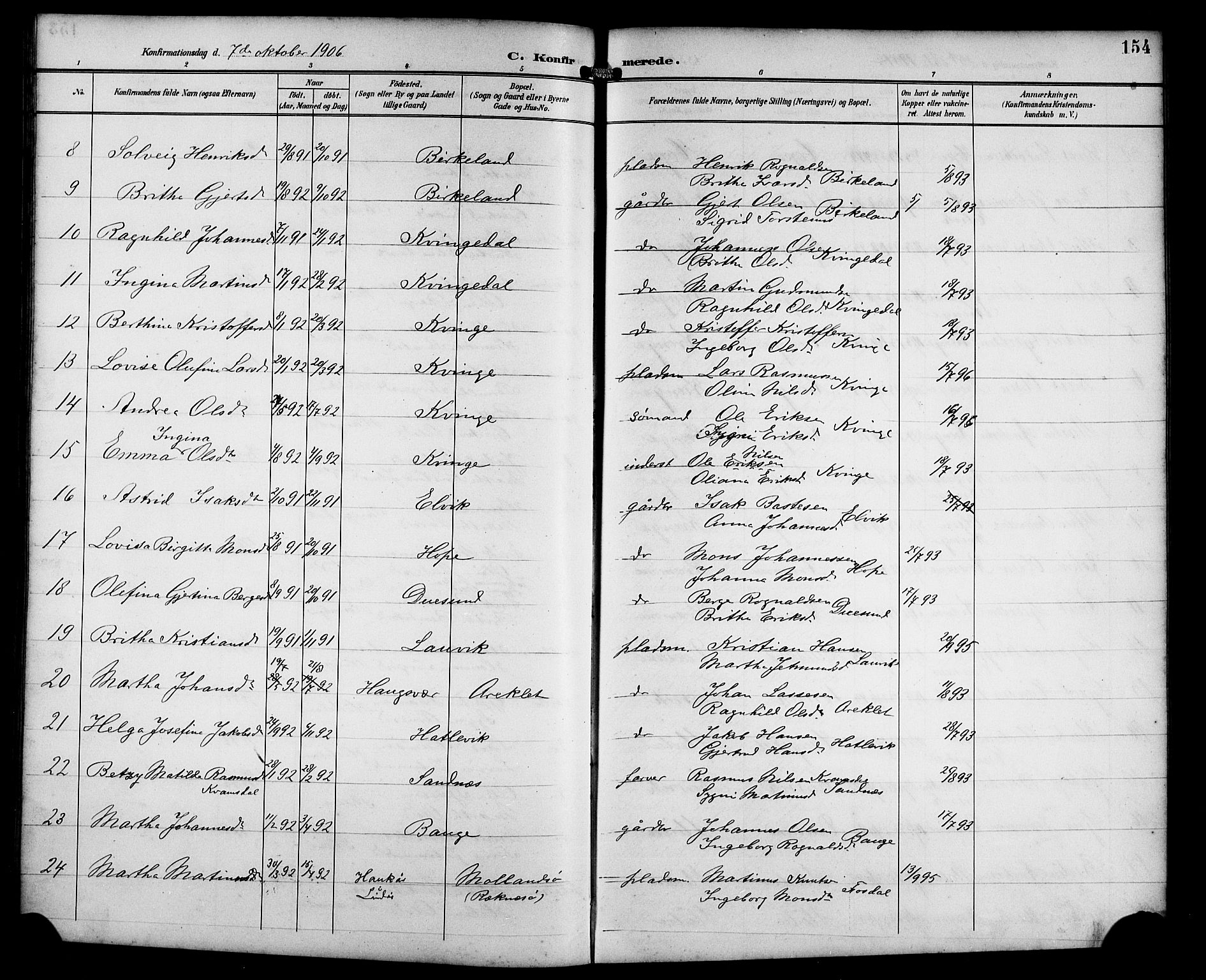 Masfjorden Sokneprestembete, AV/SAB-A-77001: Parish register (copy) no. B 1, 1892-1913, p. 154