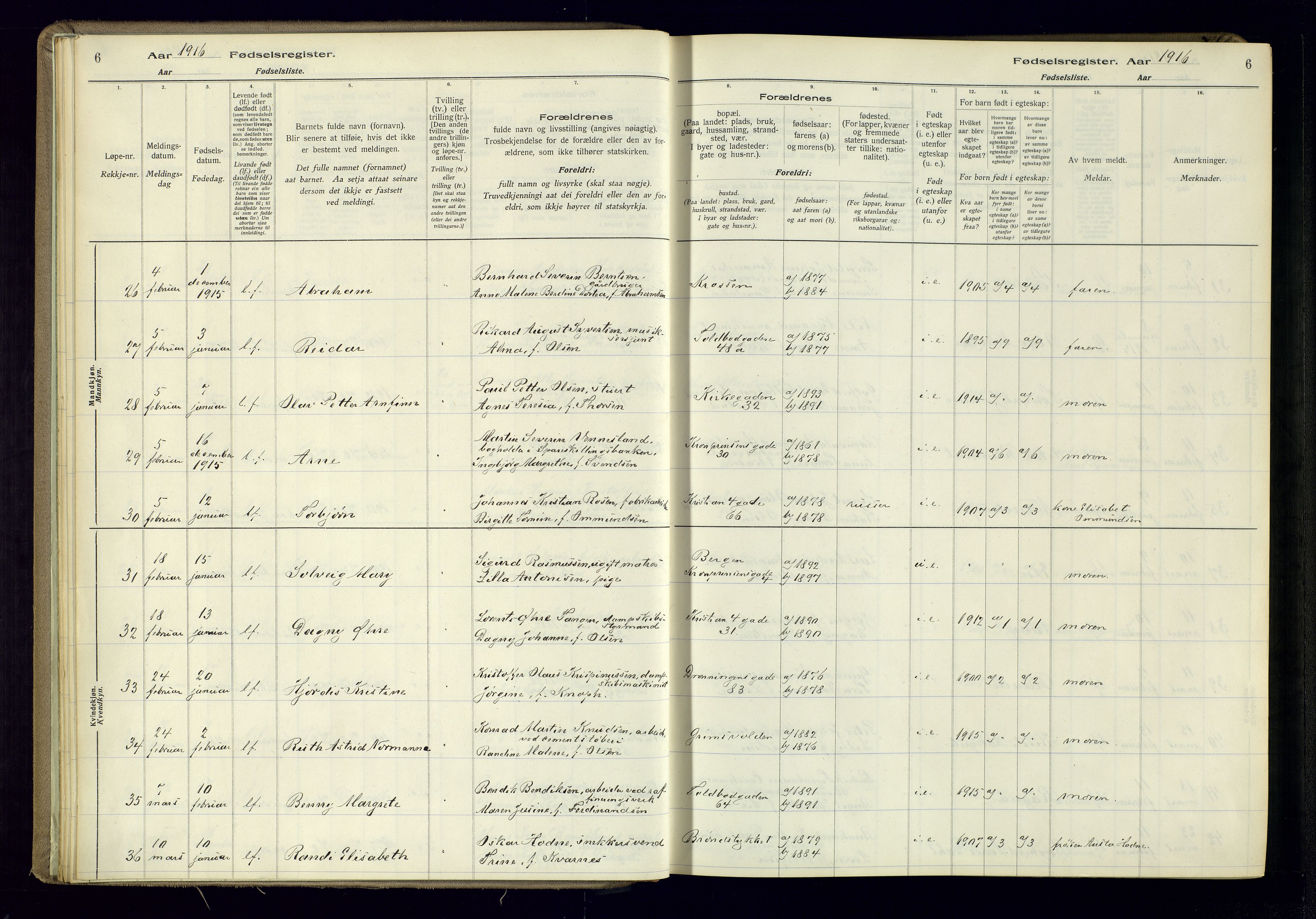 Kristiansand domprosti, AV/SAK-1112-0006/J/Jc/L0001: Birth register no. A-VI-45, 1916-1921, p. 6