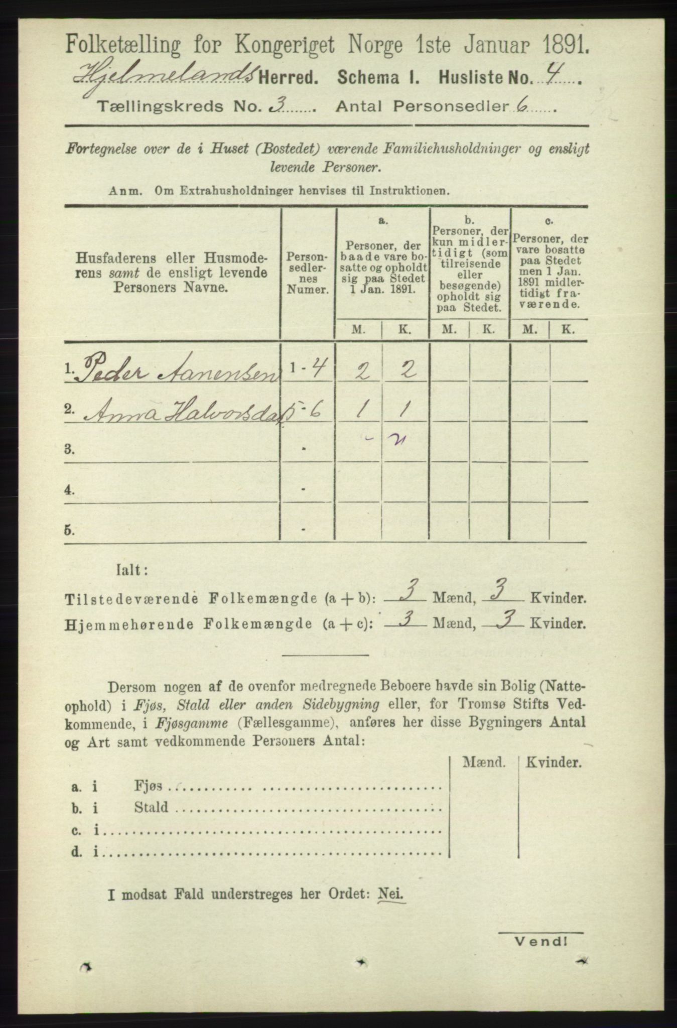 RA, 1891 census for 1133 Hjelmeland, 1891, p. 695