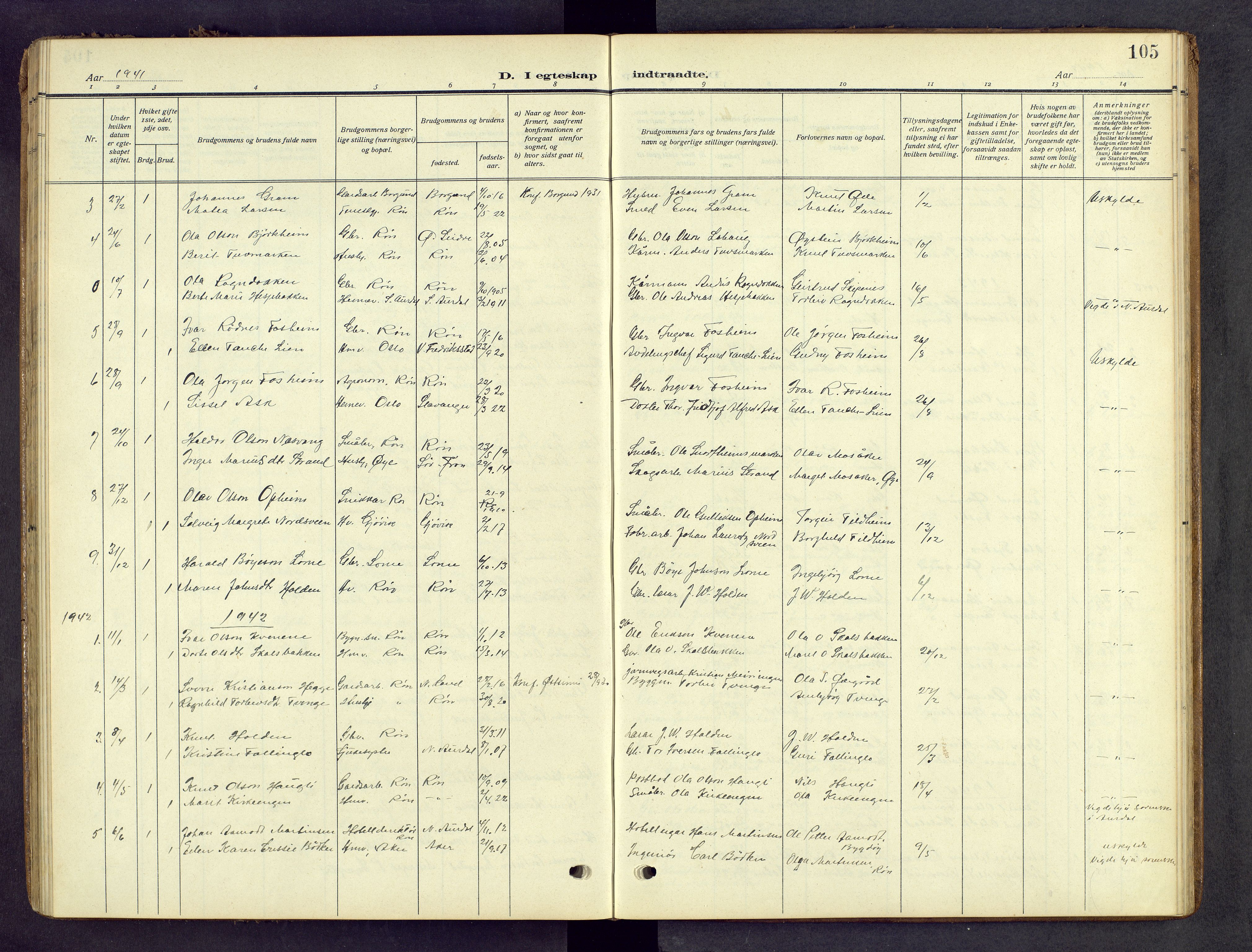 Vestre Slidre prestekontor, SAH/PREST-136/H/Ha/Hab/L0008: Parish register (copy) no. 8, 1909-1952, p. 105