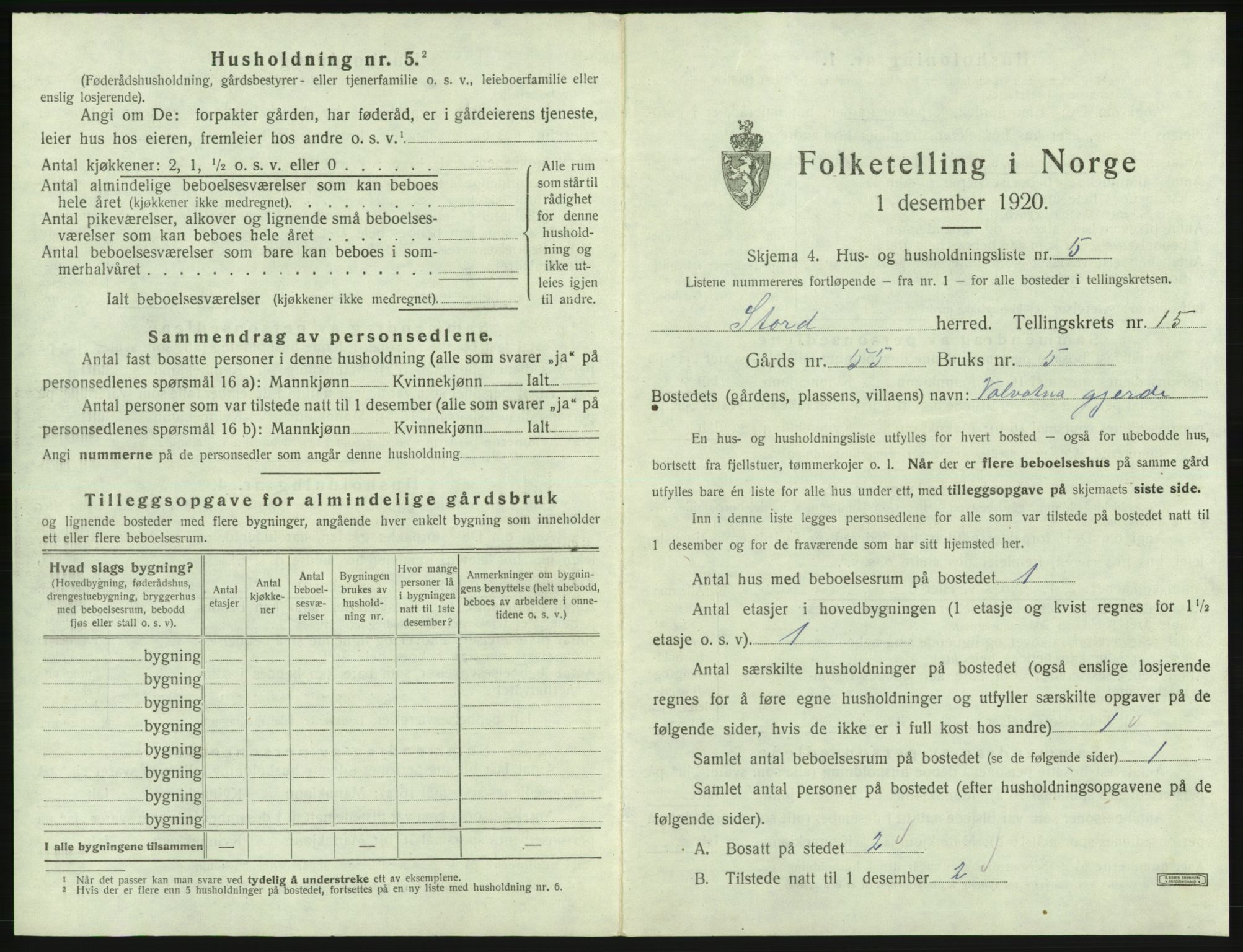 SAB, 1920 census for Stord, 1920, p. 1039