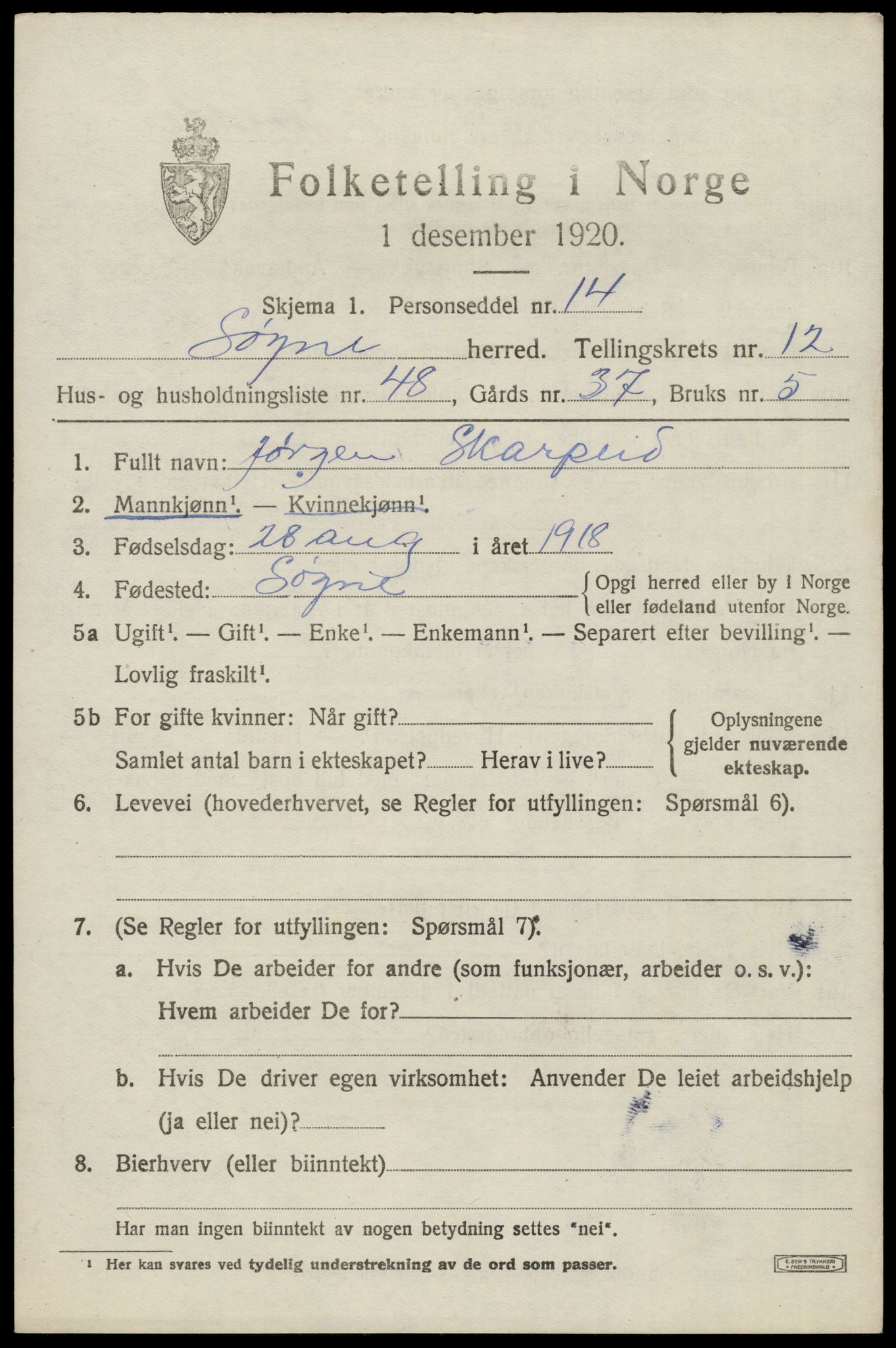 SAK, 1920 census for Søgne, 1920, p. 6409