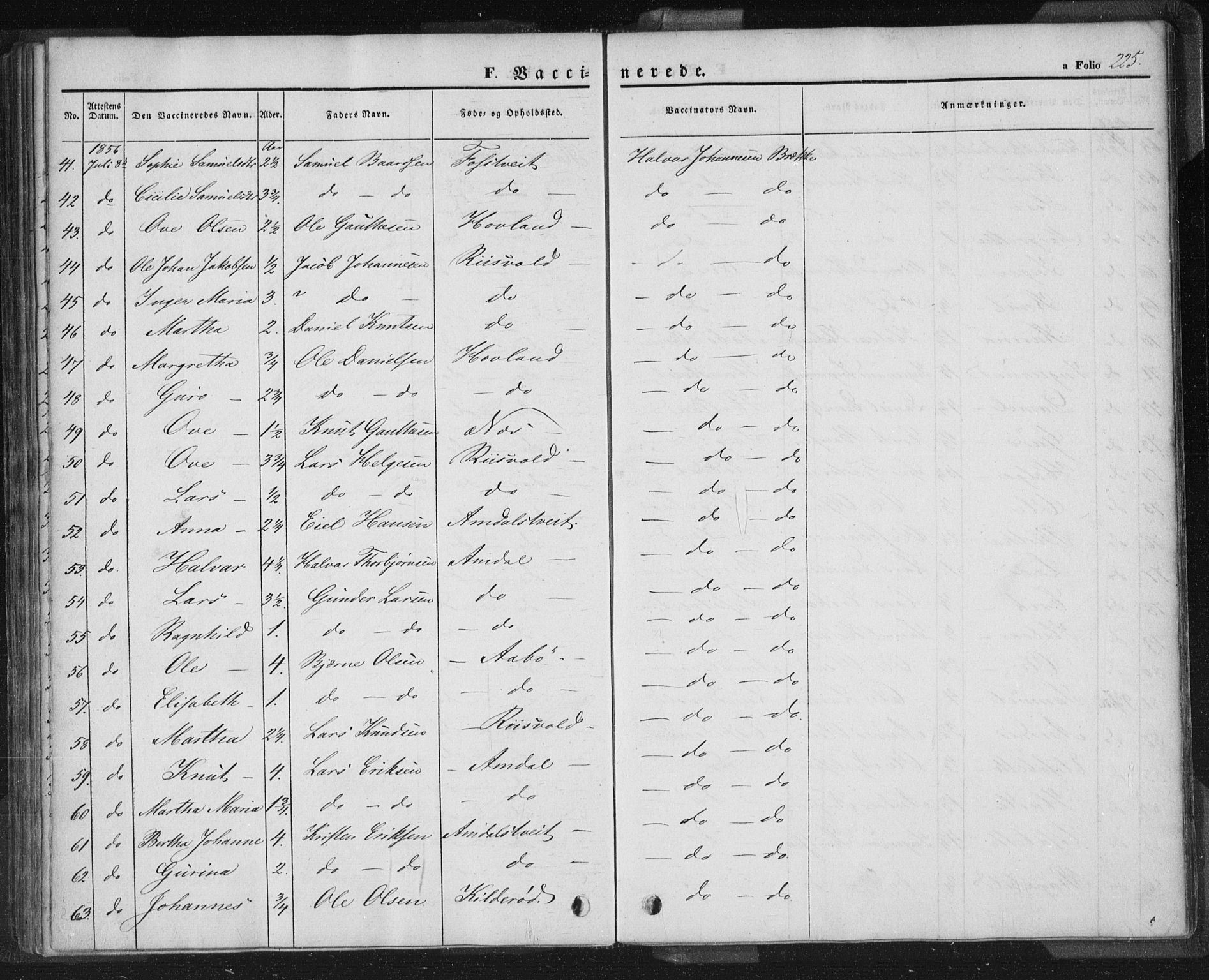 Sand sokneprestkontor, AV/SAST-A-101848/01/III/L0002: Parish register (official) no. A 2, 1838-1859, p. 225