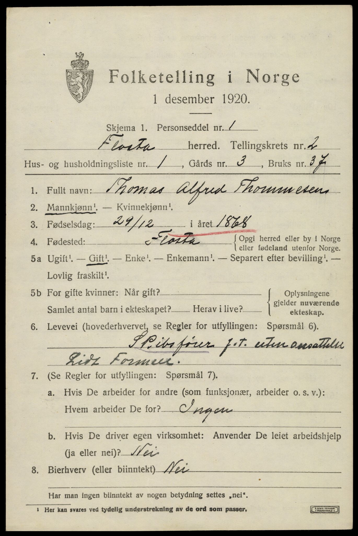 SAK, 1920 census for Flosta, 1920, p. 1146