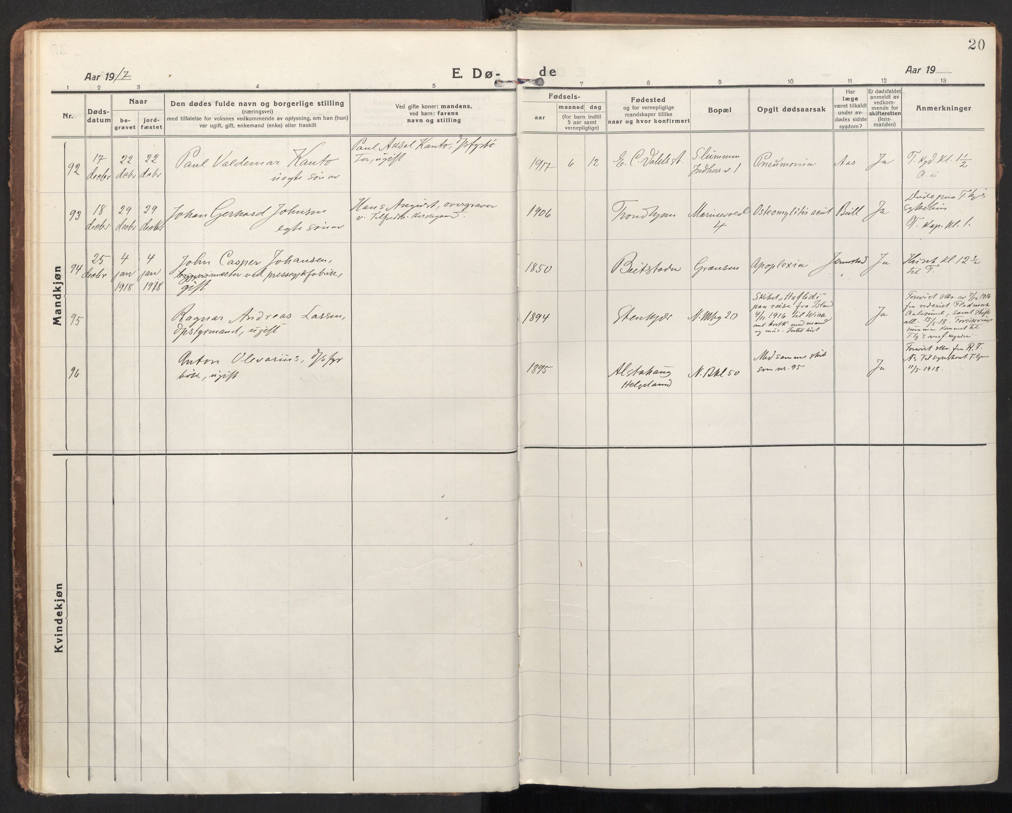 Ministerialprotokoller, klokkerbøker og fødselsregistre - Sør-Trøndelag, SAT/A-1456/604/L0207: Parish register (official) no. 604A27, 1917-1933, p. 20