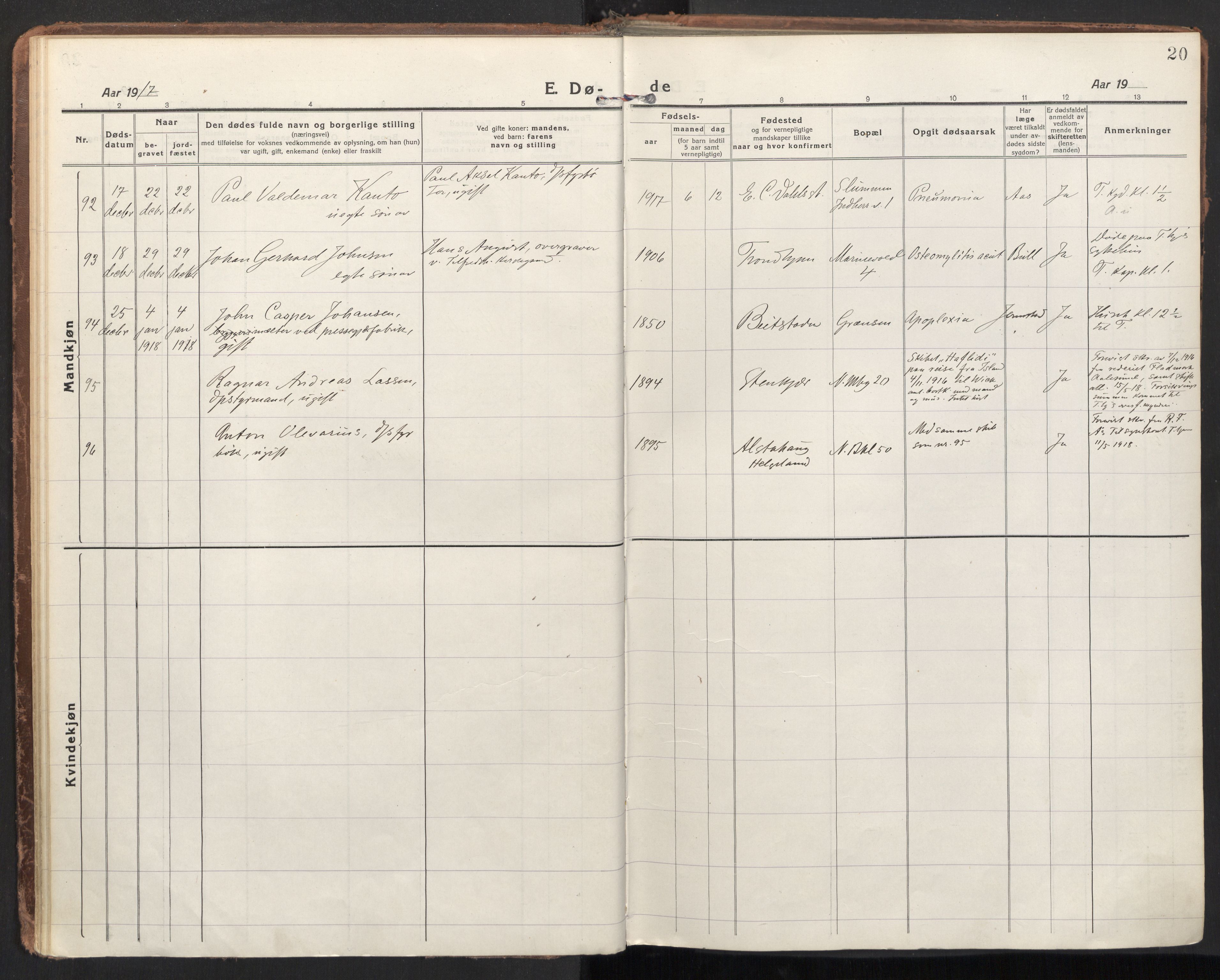 Ministerialprotokoller, klokkerbøker og fødselsregistre - Sør-Trøndelag, AV/SAT-A-1456/604/L0207: Parish register (official) no. 604A27, 1917-1933, p. 20