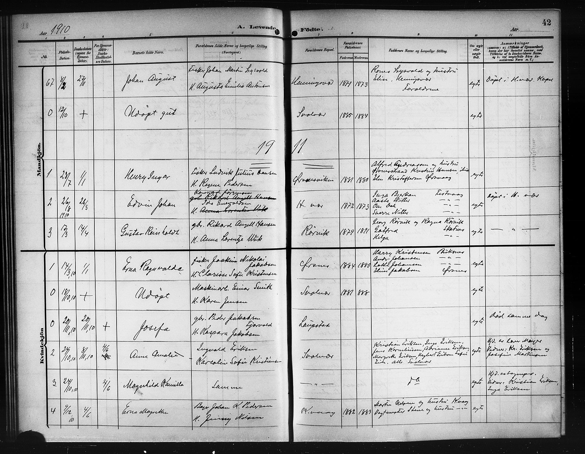 Ministerialprotokoller, klokkerbøker og fødselsregistre - Nordland, SAT/A-1459/874/L1079: Parish register (copy) no. 874C08, 1907-1915, p. 42