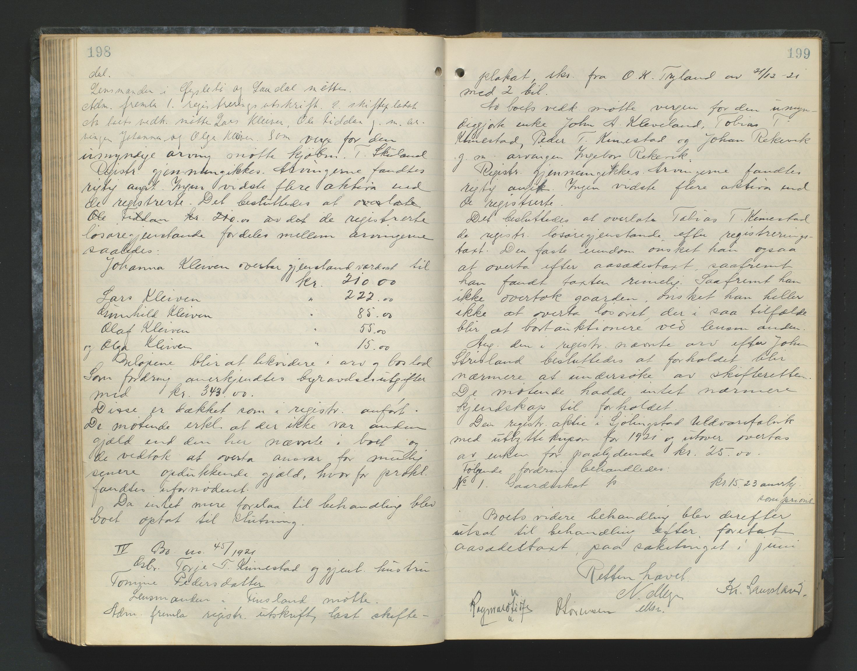 Mandal sorenskriveri, AV/SAK-1221-0005/001/H/Hc/L0084: Skifteforhandlingsprotokoll nr 16, 1921-1924, p. 198-199