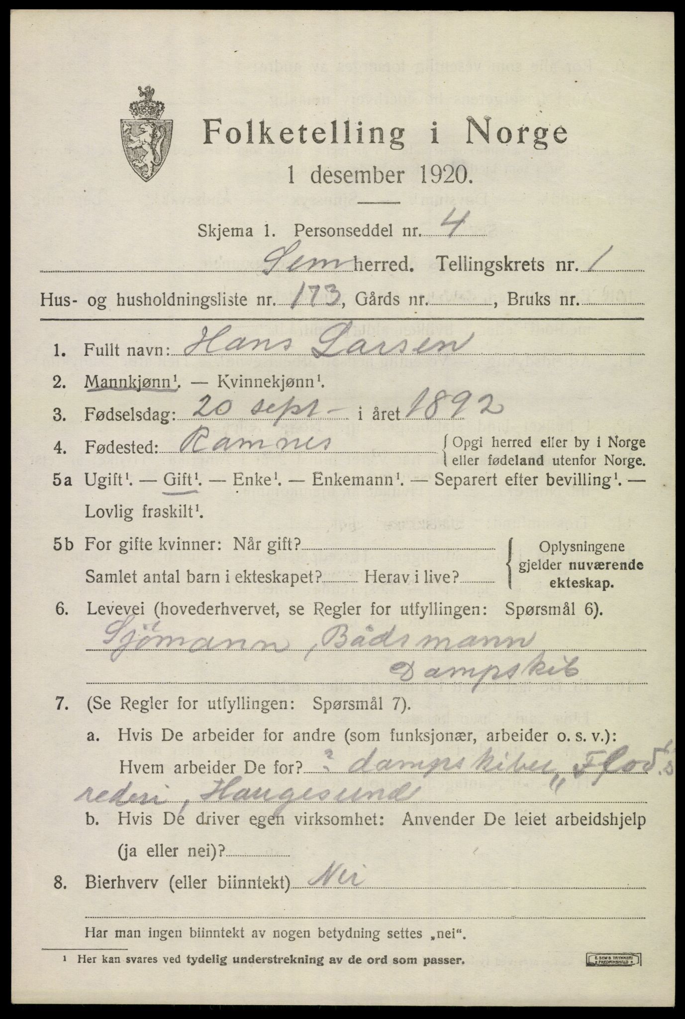 SAKO, 1920 census for Sem, 1920, p. 5013