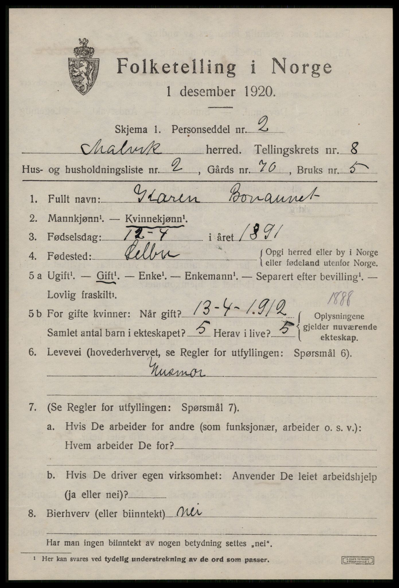 SAT, 1920 census for Malvik, 1920, p. 7596