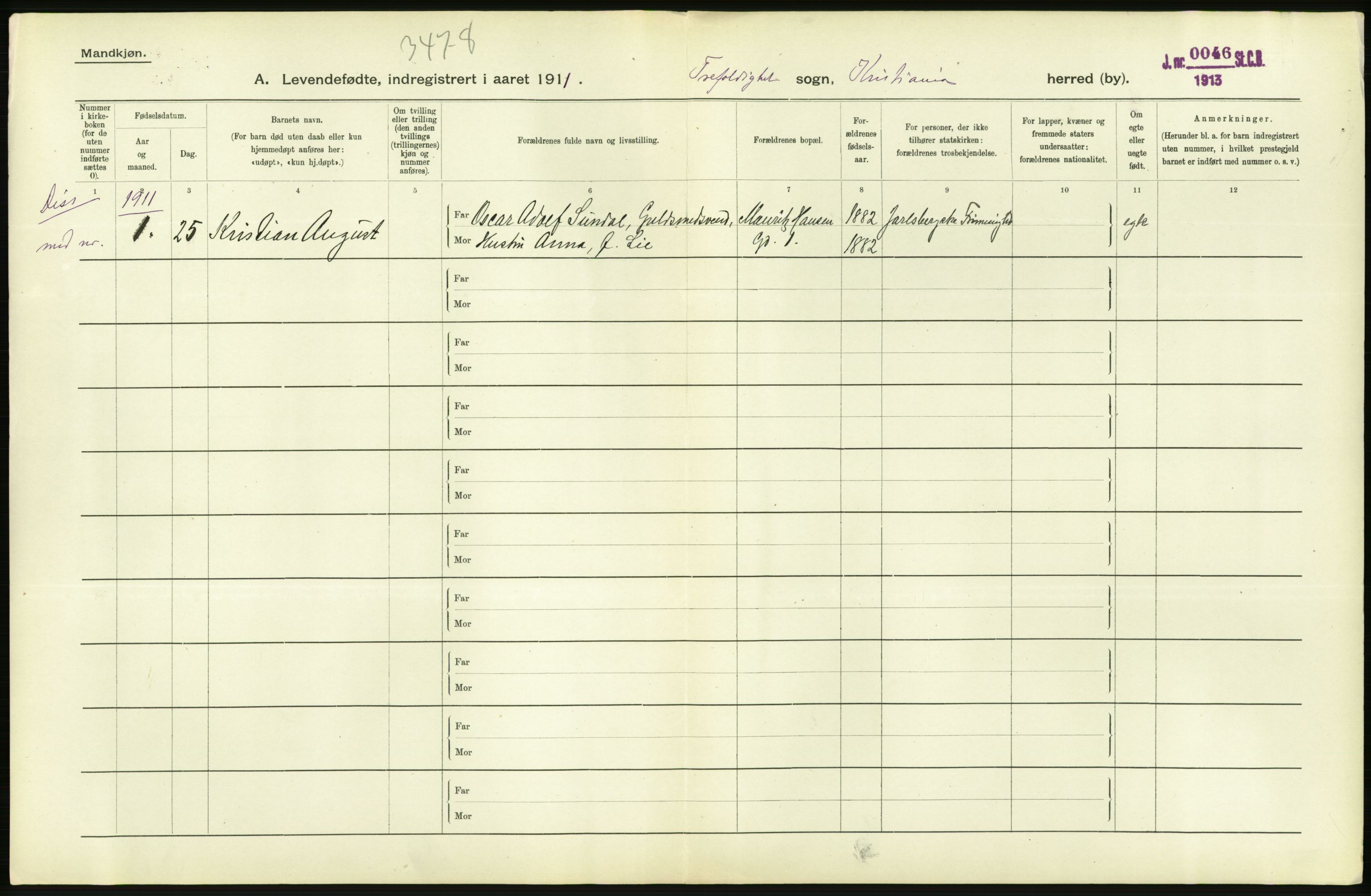 Statistisk sentralbyrå, Sosiodemografiske emner, Befolkning, AV/RA-S-2228/D/Df/Dfb/Dfba/L0006: Kristiania: Levendefødte menn., 1911, p. 162