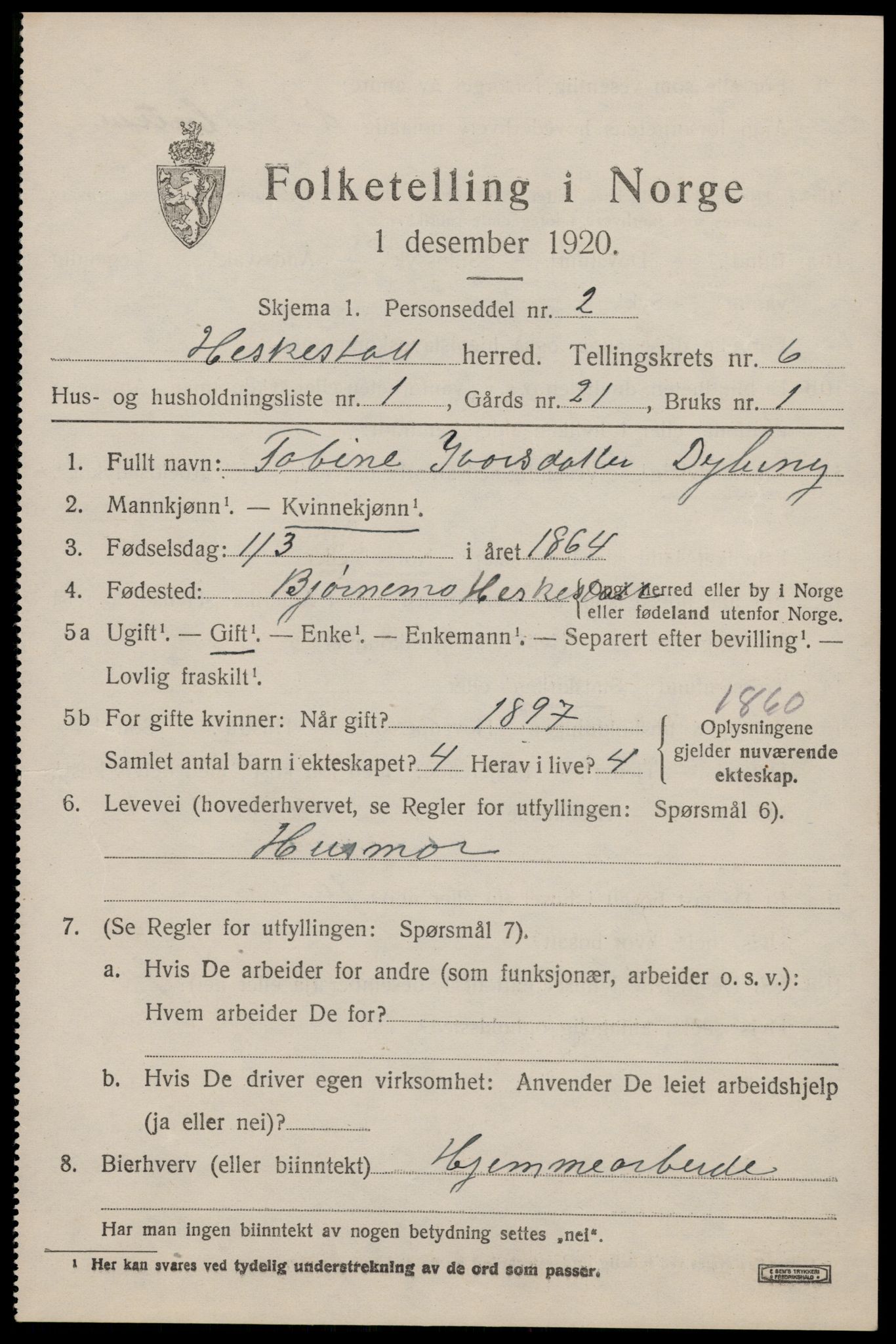 SAST, 1920 census for Heskestad, 1920, p. 2005