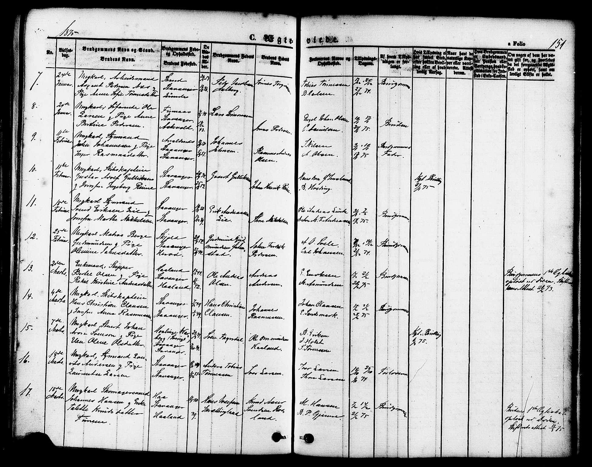 Domkirken sokneprestkontor, SAST/A-101812/001/30/30BB/L0011: Parish register (copy) no. B 11, 1858-1876, p. 151