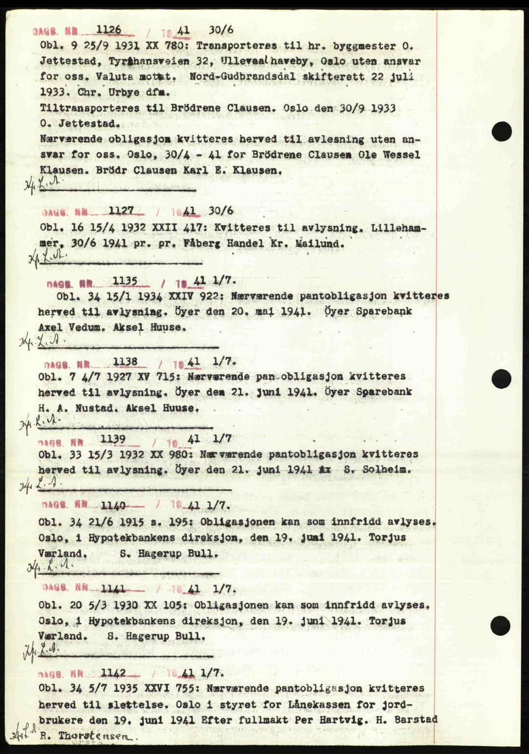 Sør-Gudbrandsdal tingrett, SAH/TING-004/H/Hb/Hbf/L0002: Mortgage book no. C1, 1938-1951, Diary no: : 1126/1941