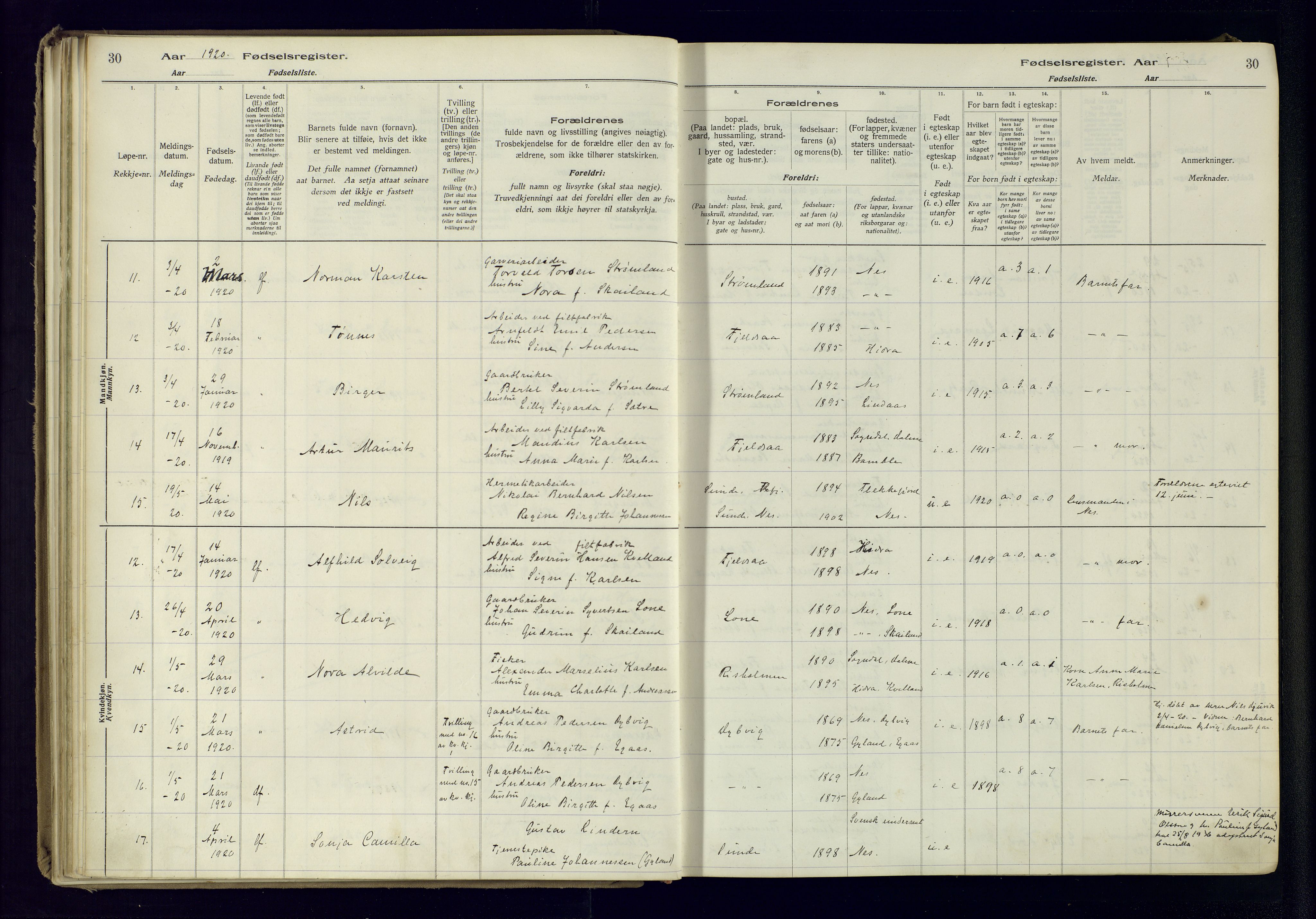 Flekkefjord sokneprestkontor, AV/SAK-1111-0012/J/Ja/L0005: Birth register no. 5, 1916-1950, p. 30